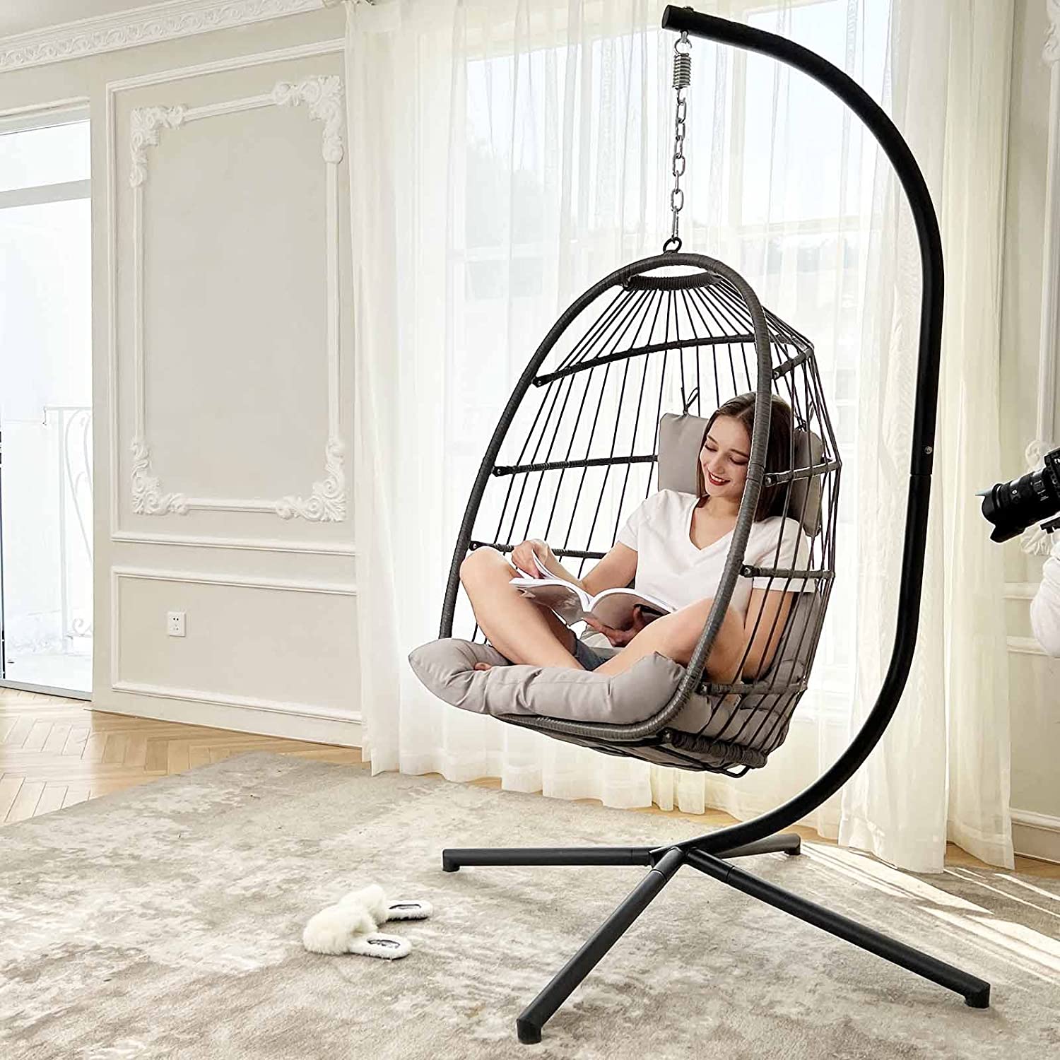 Swing Egg Chair Without Stand Indoor Outdoor Wicker Rattan Patio Basket Hanging Chair with UV Resistant Cushions 265lbs Capaticy for Bedroom Balcony Patio (Without Stand)