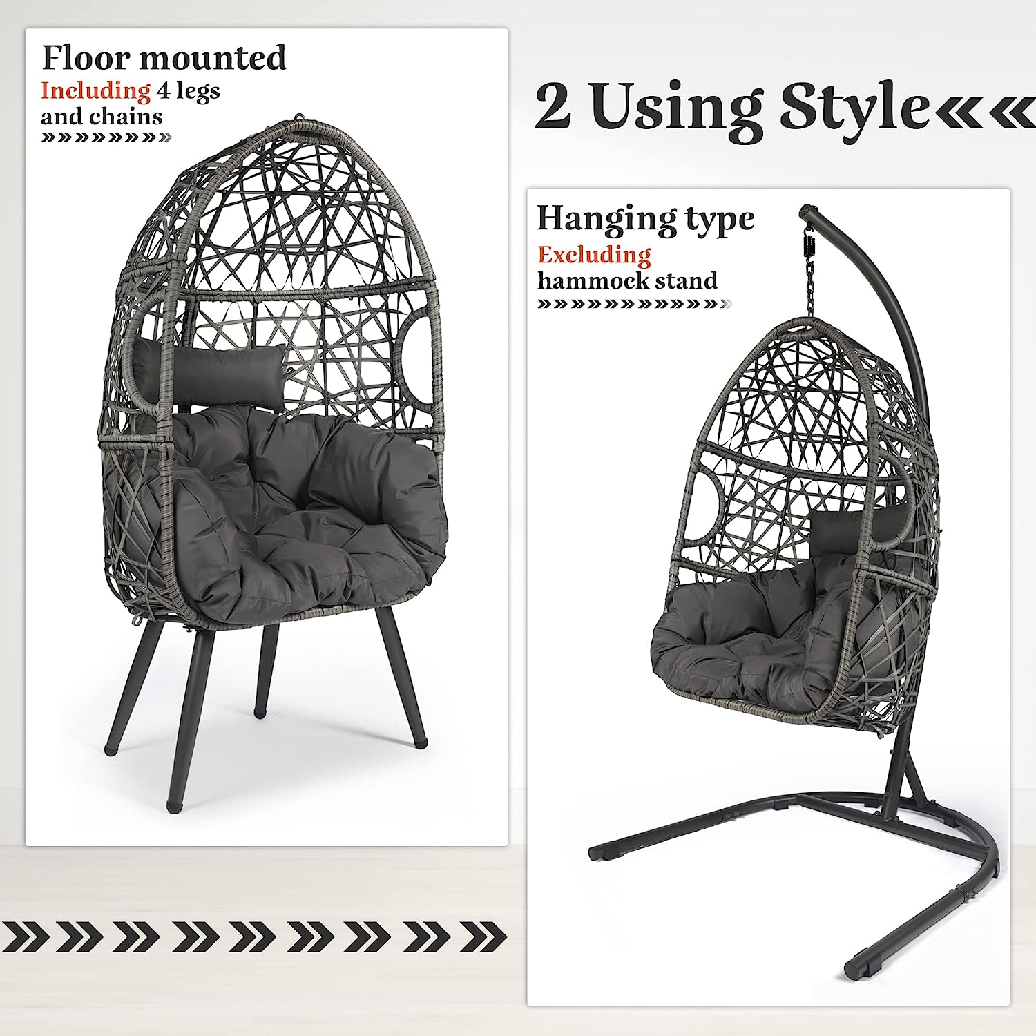 HOPUBUY Hammock Chair Egg Chair with Stand, Hanging Chair with Cushion and Pillow, Rattan Egg Swing Chair for Outdoor Indoor Bedroom, Porch, Balcony, Tree (C-Stand not Included)