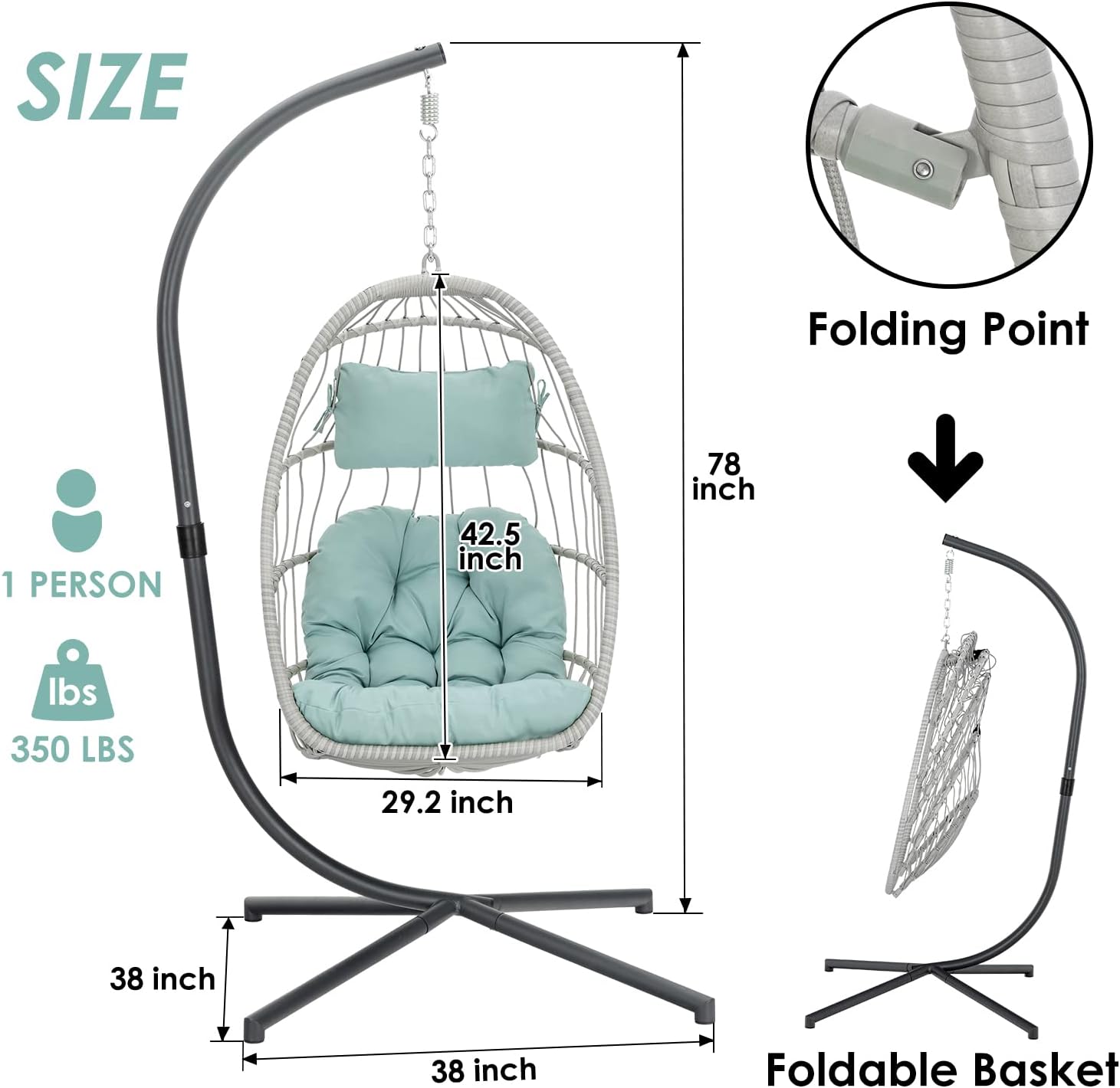 Egg Chair with Stand - Patio Rattan Wicker Hanging Swing Egg Chair Hammock Chair for Indoor Outdoor Bedroom Garden - Aluminum Steel Frame and UV Resistant Cushion 350LBS Capacity (Dark Grey)