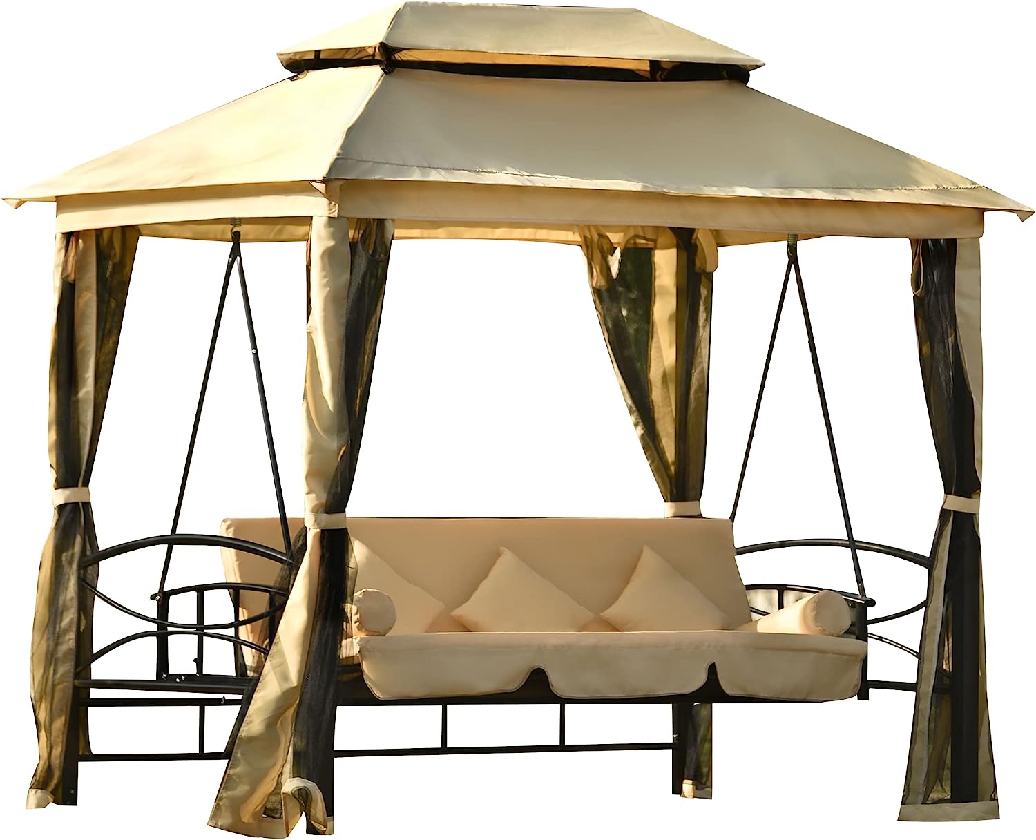 Campfun Outdoor Gazebo Swing, 3-Seat Patio Swing Chair, Outdoor Swing Bed, Outdoor Swing with Canopy, Netting Curtains, Side Trays, Canopy Swing for Garden, Poolside Backyard - 8.9x5.9 Ft, Beige