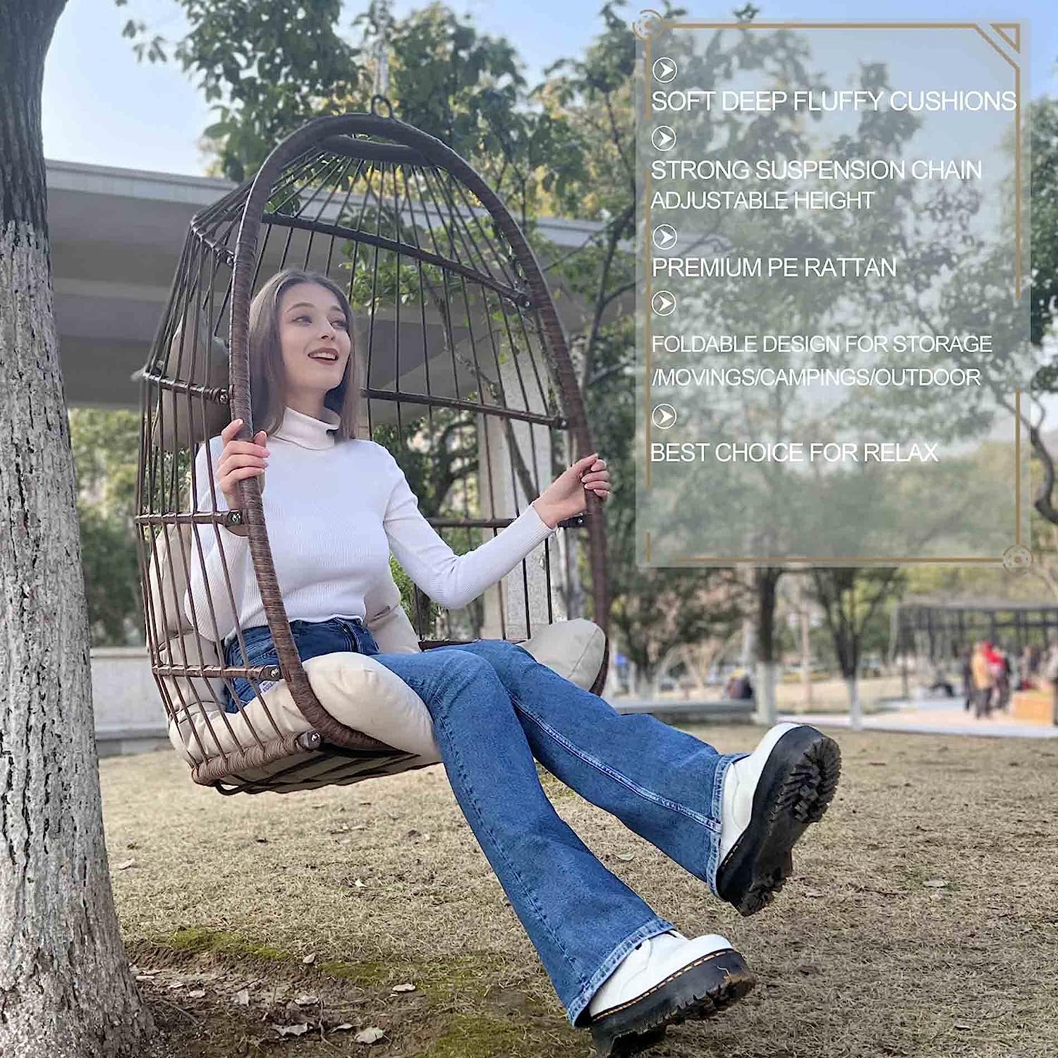 Swing Egg Chair Without Stand Indoor Outdoor Wicker Rattan Patio Basket Hanging Chair with UV Resistant Cushions 265lbs Capaticy for Bedroom Balcony Patio (Without Stand)