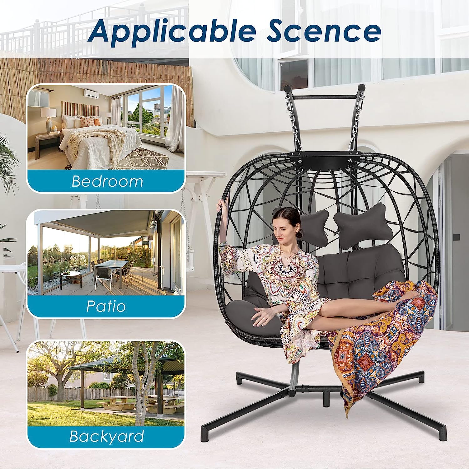 Swing Egg Chair with Stand Indoor Outdoor Wicker Rattan Patio Basket Hanging Chair with UV Resistant Cushions 350lbs Capaticy for Bedroom Balcony Patio (Cream)