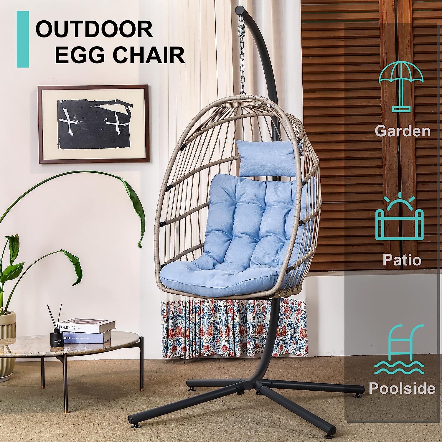 SWITTE Hanging Egg Chair with Stand, Egg Swing Hammock Chair with Stand, Indoor Outdoor Wicker Egg Chair with Cushion Headrest for Patio Bedroom Porch Garden, 350LBS Capacity(Dark Grey)