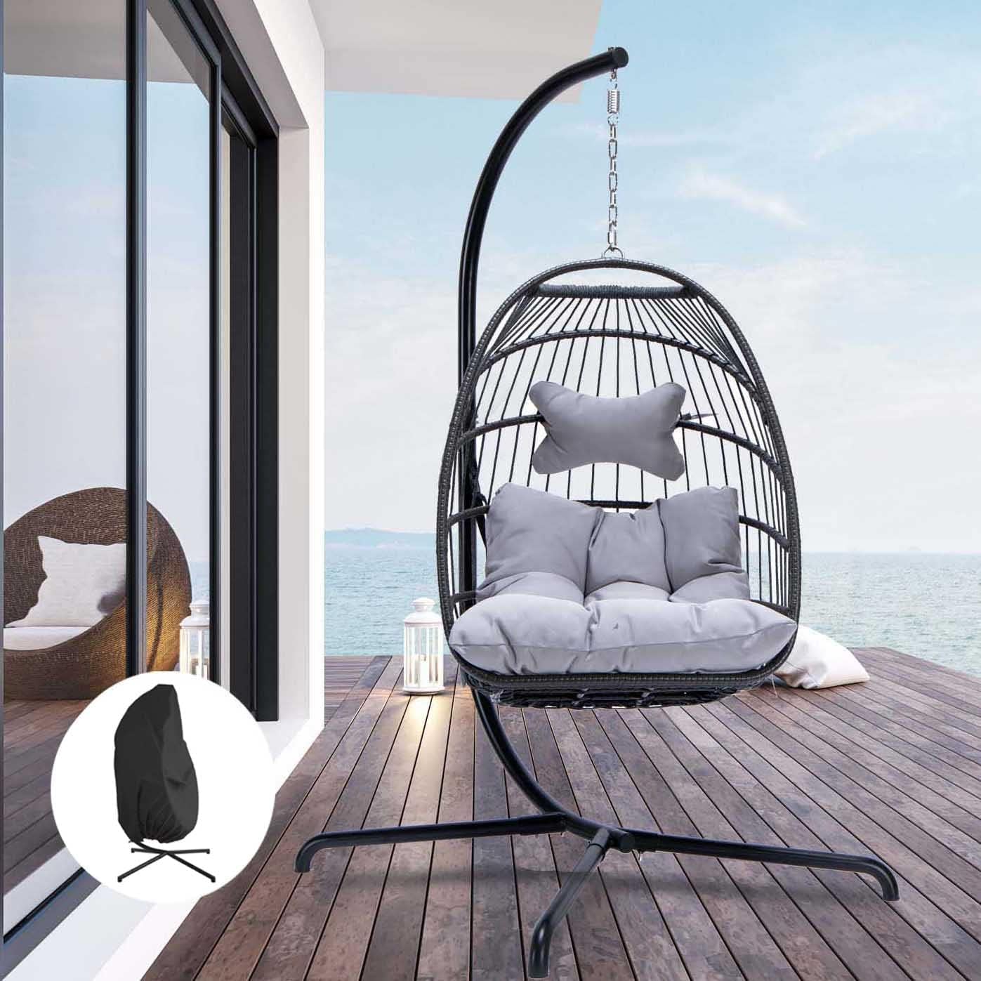 Indoor Outdoor Patio Wicker Hanging Chair Swing Egg Basket Chairs with Stand UV Resistant Cushions 350lbs Capaticy for Patio Backyard Balcony Xmas Gift