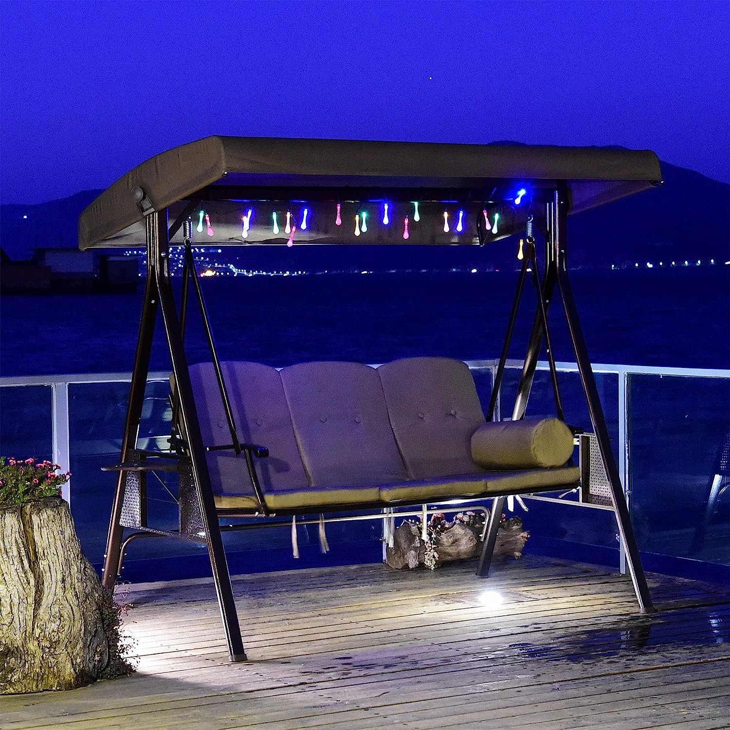 PURPLE LEAF 3-Seat Deluxe Outdoor Patio Porch Swing with Weather Resistant Steel Frame, Adjustable Tilt Canopy, Cushions and Pillow Included, Beige