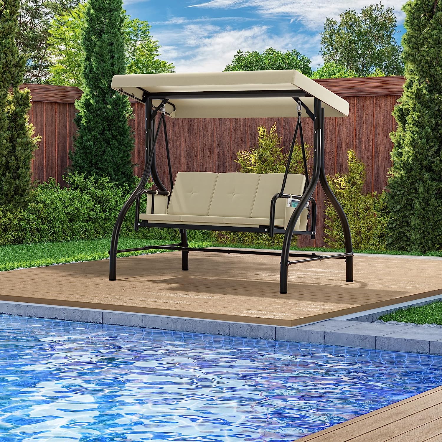 YITAHOME Porch Swing Bed 3-Seats Outdoor Patio Swing Heavy Duty Swing Chair with Adjustable Canopy Removable Cushion, Suitable for Adult in Garden, Poolside, Balcony, Brown