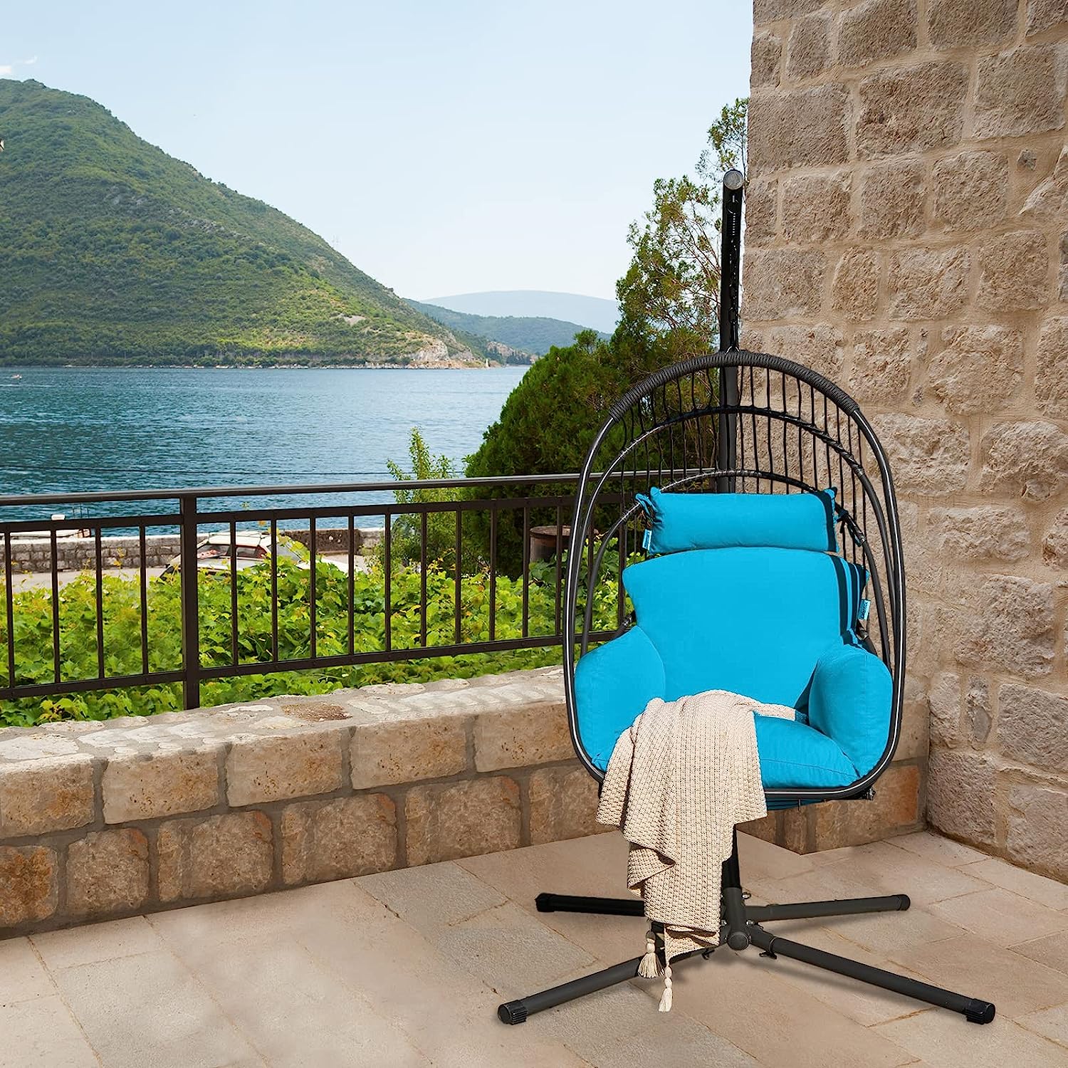 Giantex Egg Chair Hammock Stand - Hanging Swing with Stand, Folding Swinging Chair with Soft Cushion & Pillow, Wicker Rattan Hanging Chair for Bedroom,Garden, Patio Foldable Hammock Chair (Turquoise)