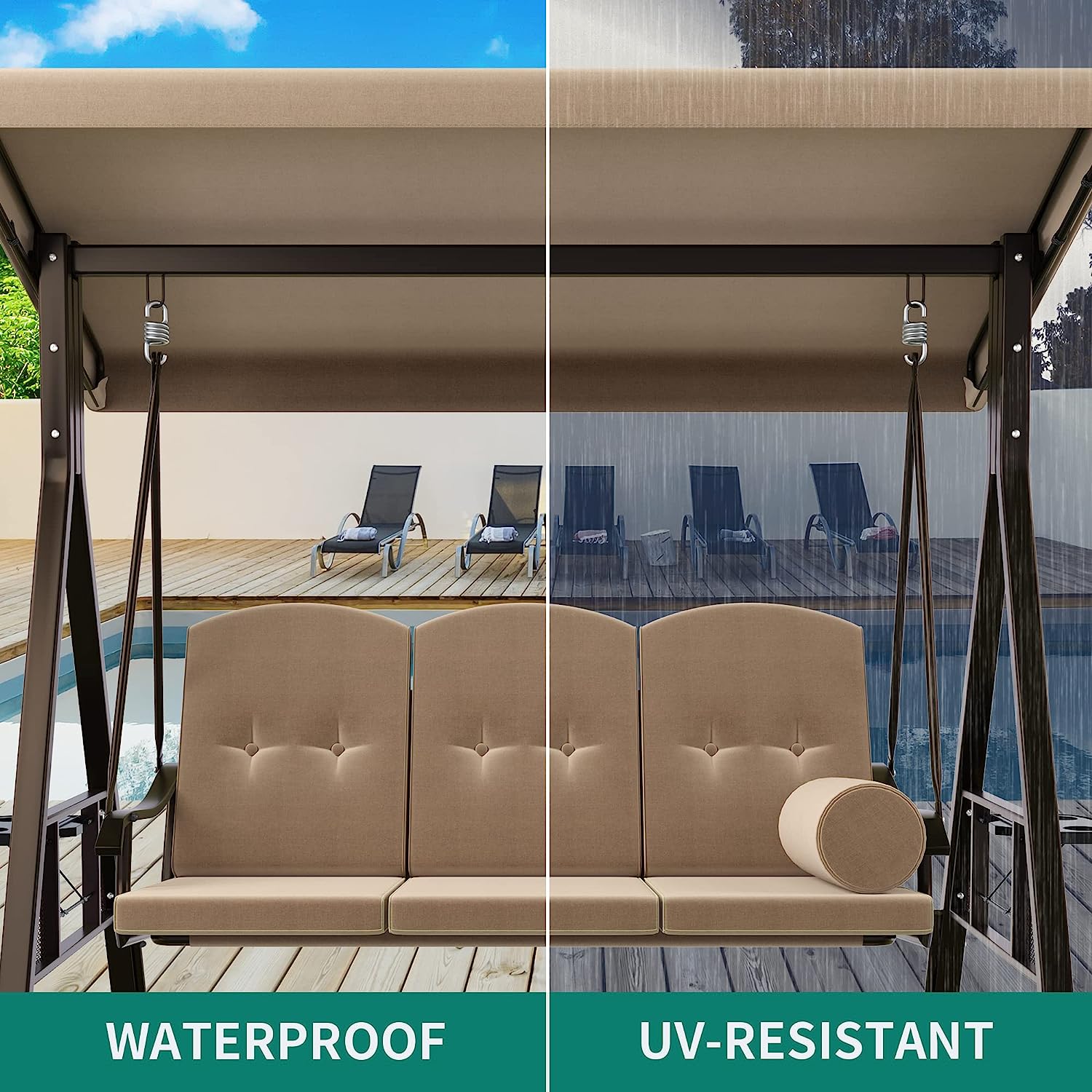 YITAHOME 3-Seat Deluxe Porch Swing Outdoor Heavy Duty Patio Swing Chair with Adjustable Canopy Removable Cushions Weather Resistant Steel Frame Suitable for Garden, Lawn, Backyard, Balcony, Navy Blue