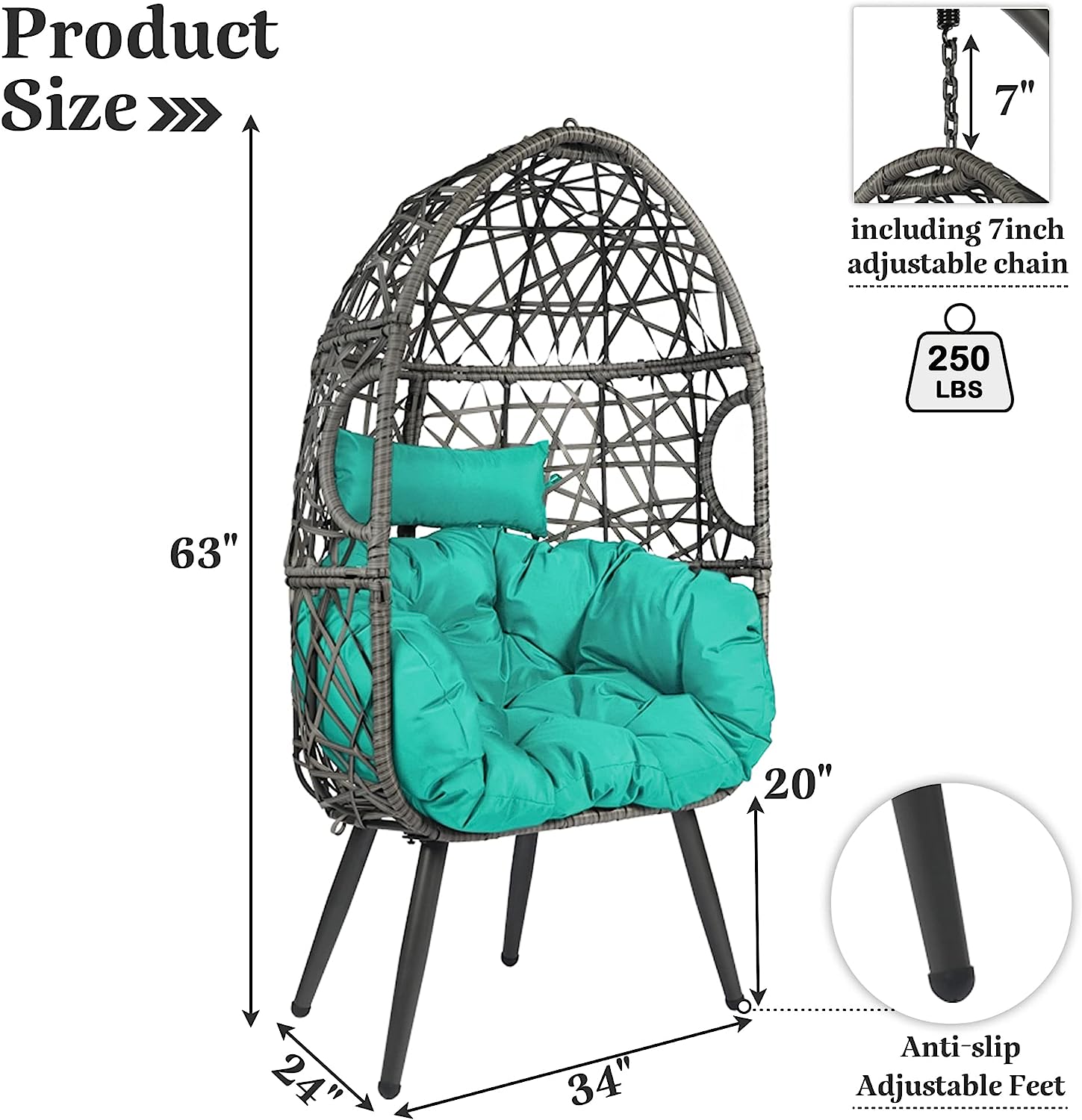 HOPUBUY Hammock Chair Egg Chair with Stand, Hanging Chair with Cushion and Pillow, Rattan Egg Swing Chair for Outdoor Indoor Bedroom, Porch, Balcony, Tree (C-Stand not Included)