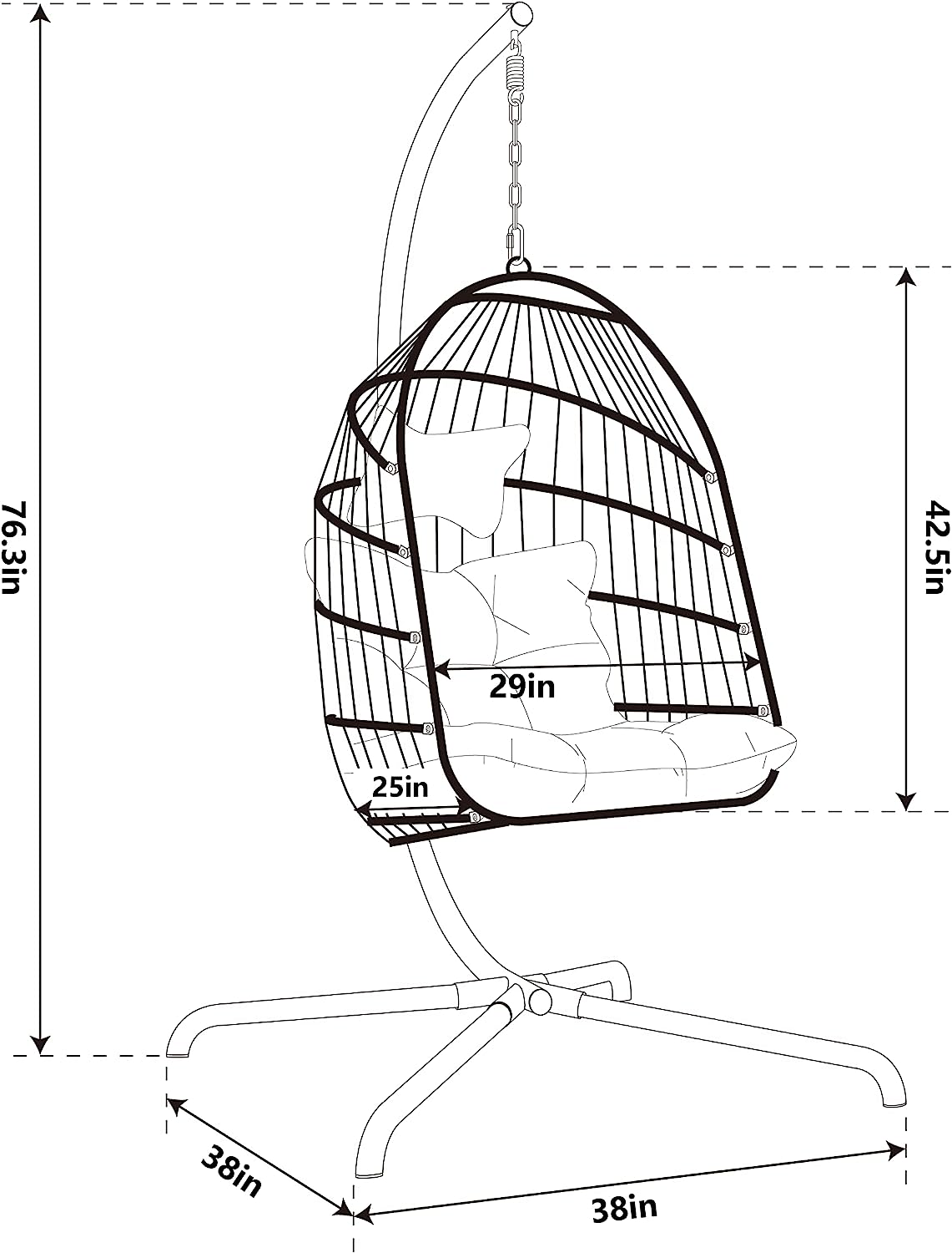 in Door Outdoor Patio Wicker Hanging Chair Swing Chair Patio Egg Chair UV Resistant Beige Cushion Aluminum Frame (Brown)
