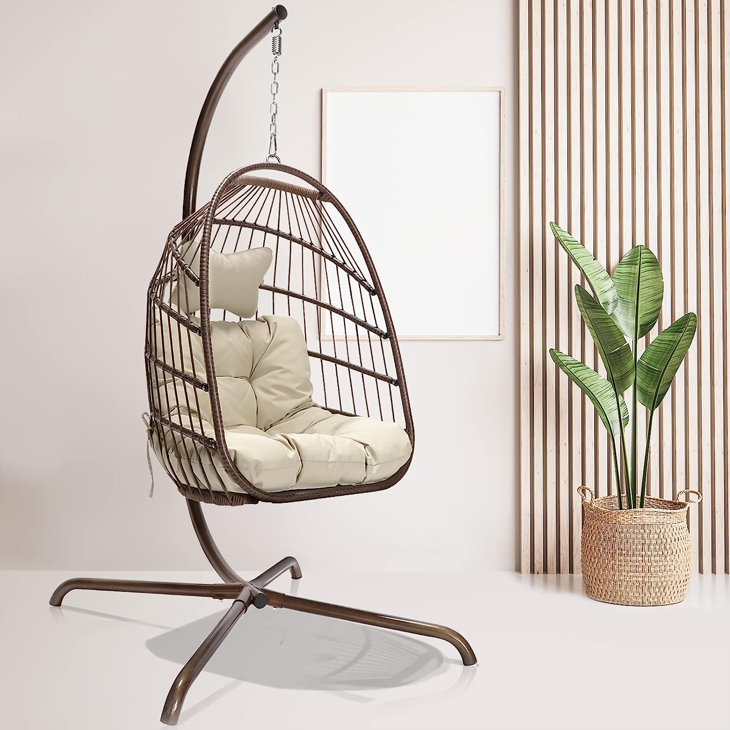 RADIATA Double Egg Chair with Stand Luxury Outdoor Patio Wicker Loveseat Hanging Swing Egg Chairs with Resistant Cushions Metal Frame 500 lbs Capaticy for 2 Persons Patio Backyard Balcony