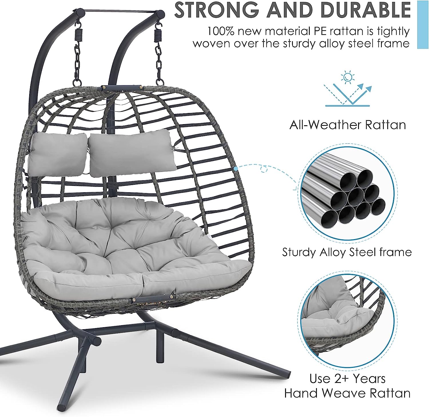 Brafab Double Swing Egg Chair with Stand, Large Hand-Woven Wicker Rattan Hanging Egg Chair for 2 People, Porch Swing Loveseat with Thick Cushion and Sturdy Steel Stand for Indoor Outdoor, Light Grey