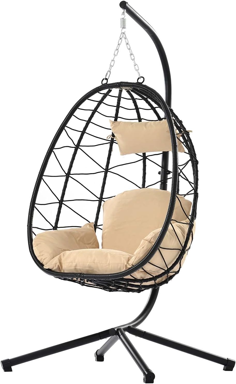 Swing Egg Chair with Stand Indoor Outdoor Wicker Rattan Patio Basket Hanging Chair with UV Resistant Cushions 350lbs Capaticy for Bedroom Balcony Patio (Cream)