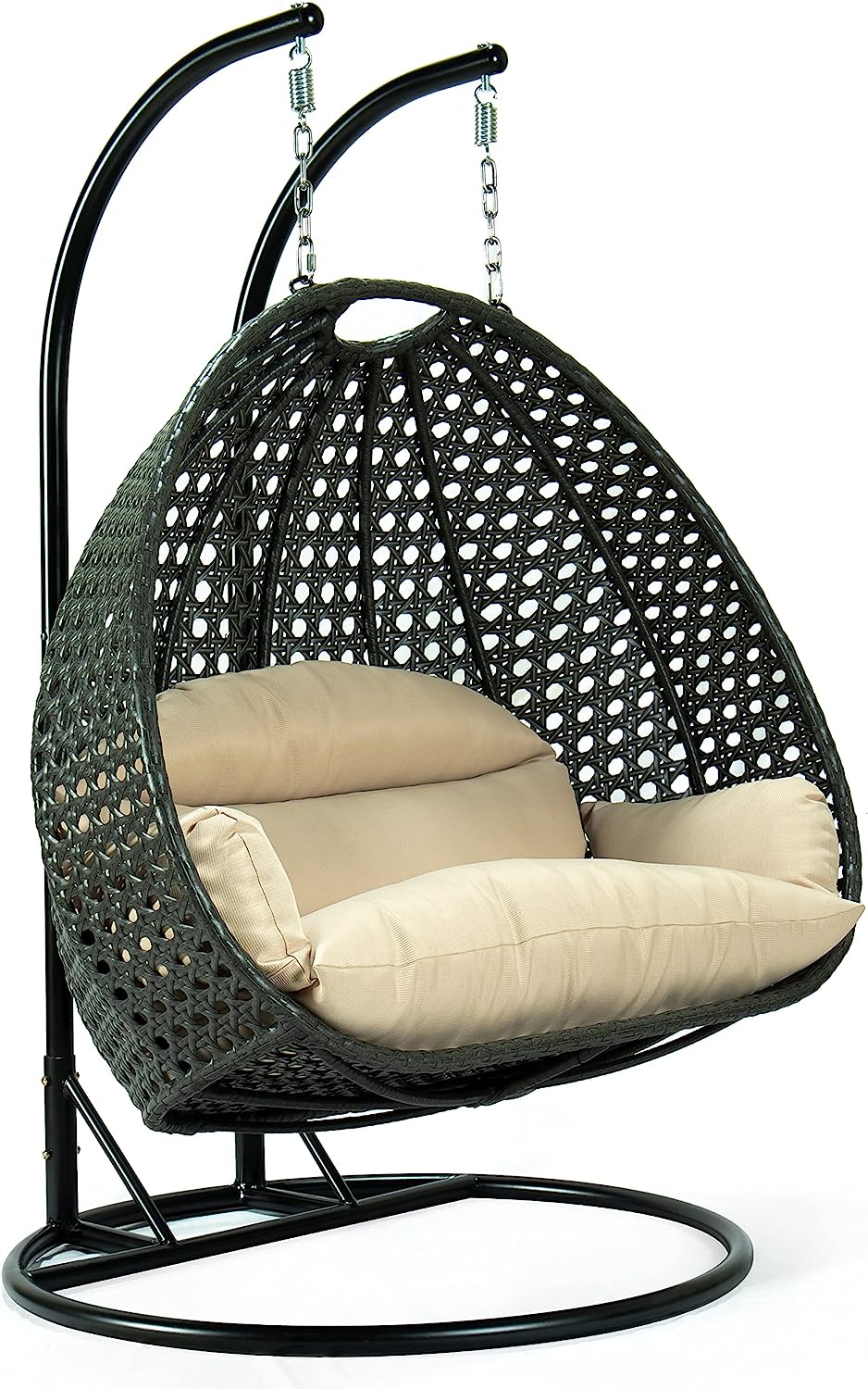 LeisureMod 2 Person Hanging Double Swing Chair, X-Large Wicker Rattan Egg Chair with Stand and Cushion for Indoor Outdoor Patio Garden (Light Green)