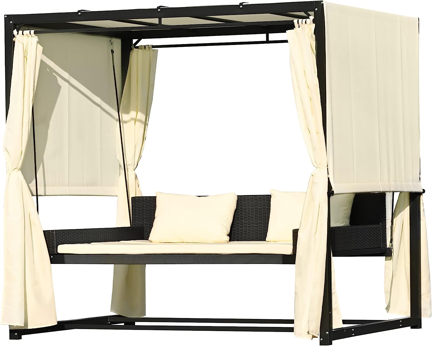 Patio 51.9” 2-Person Swing Chair,Outdoor Rattan Woven Hanging Seat with Adjustable Rope and Cushion,for Porch Lawn Garden Backyard Balconies (Black&b)