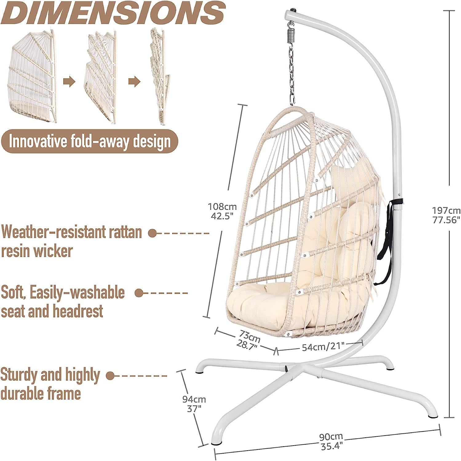 Chihee Egg Chair Foldable Wicker Rattan Hanging Chair Swing Chair Indoor Outdoor Patio Wicker Chair Hammock Chair with Stainless Steel Hanging Kit Chain Link UV Resistant Cushion Bedroom Balcony