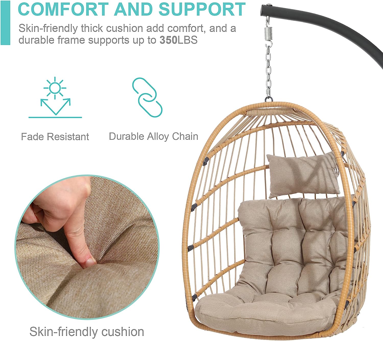 SWITTE Hanging Egg Chair with Stand, Egg Swing Hammock Chair with Stand, Indoor Outdoor Wicker Egg Chair with Cushion Headrest for Patio Bedroom Porch Garden, 350LBS Capacity(Dark Grey)