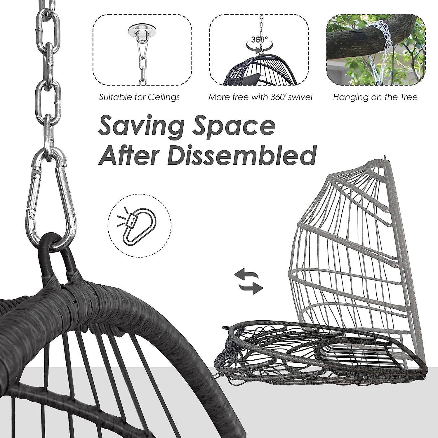 RADIATA Foldable Wicker Rattan Hanging Egg Chair with Stand, Swing Chair with Cushion and Pillow, Lounging Chair for Indoor Outdoor Bedroom Patio Garden (Beige with Stand)