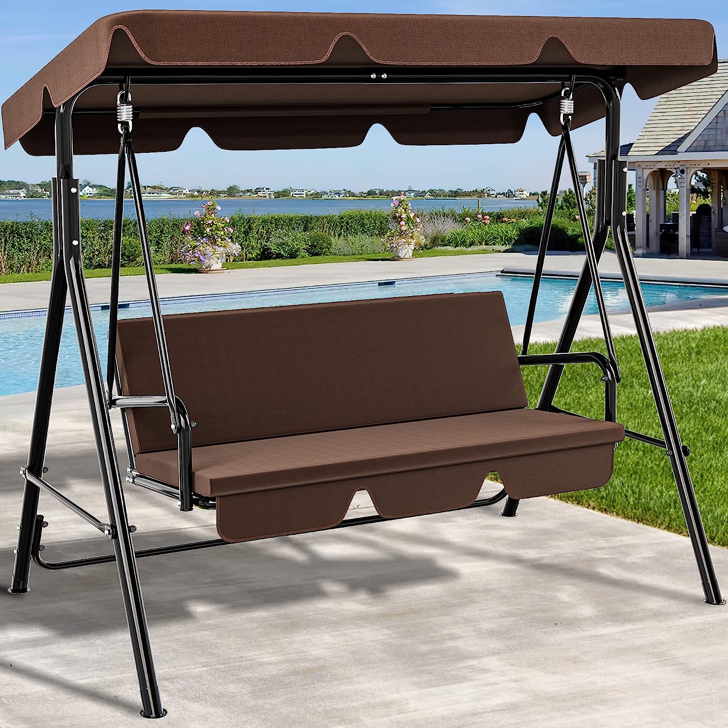 YITAHOME 3-Seat Porch Swing Outdoor Heavy Duty Patio Swing Chair with Stand Adjustable Canopy Soft Cushion for Garden, Patio, Lawn, Balcony and Deck, Black