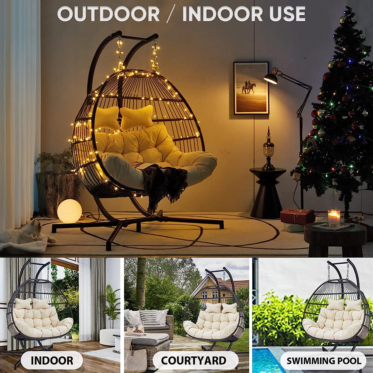 JOYBASE Hanging Egg Chair with Stand, Outdoor Wicker Rattan Egg Swing Chair with Stand and Cushion for Indoor Outdoor Bedroom Patio Garden (Grey/Black)