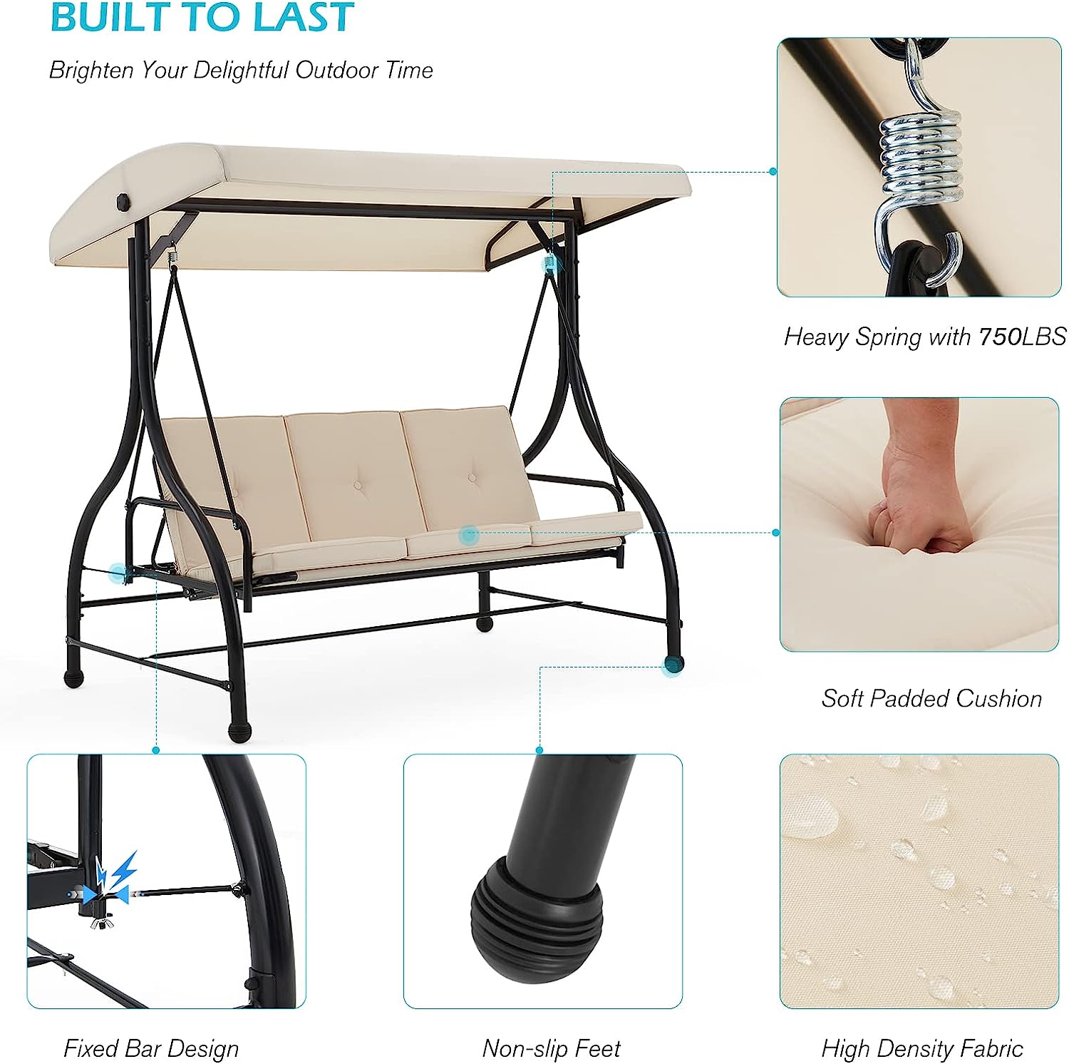 AECOJOY 3-Seat Outdoor Porch Swing with Adjustable Backrest and Canopy, Patio Swing w/Removable Cushions Outdoor Swing Bed for Porch, Backyard, Poolside, Beige