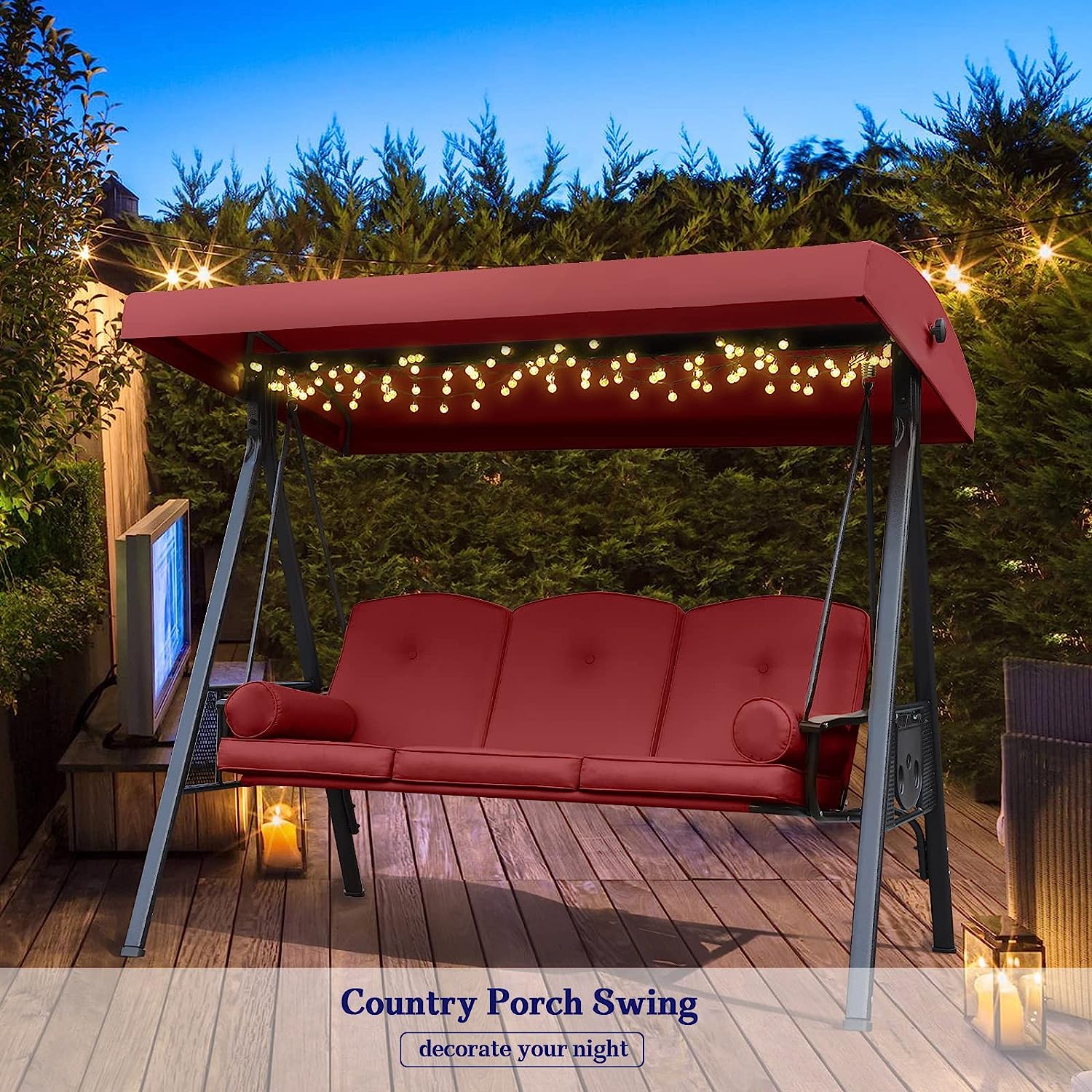 NOBLEMOOD Outdoor Porch Swing with Stand and Canopy, 3 Seat Freestanding Metal Porch Swing Bed with Cushions and Cup Trays for Backyard Outside Deck Lawn (Wine Red)