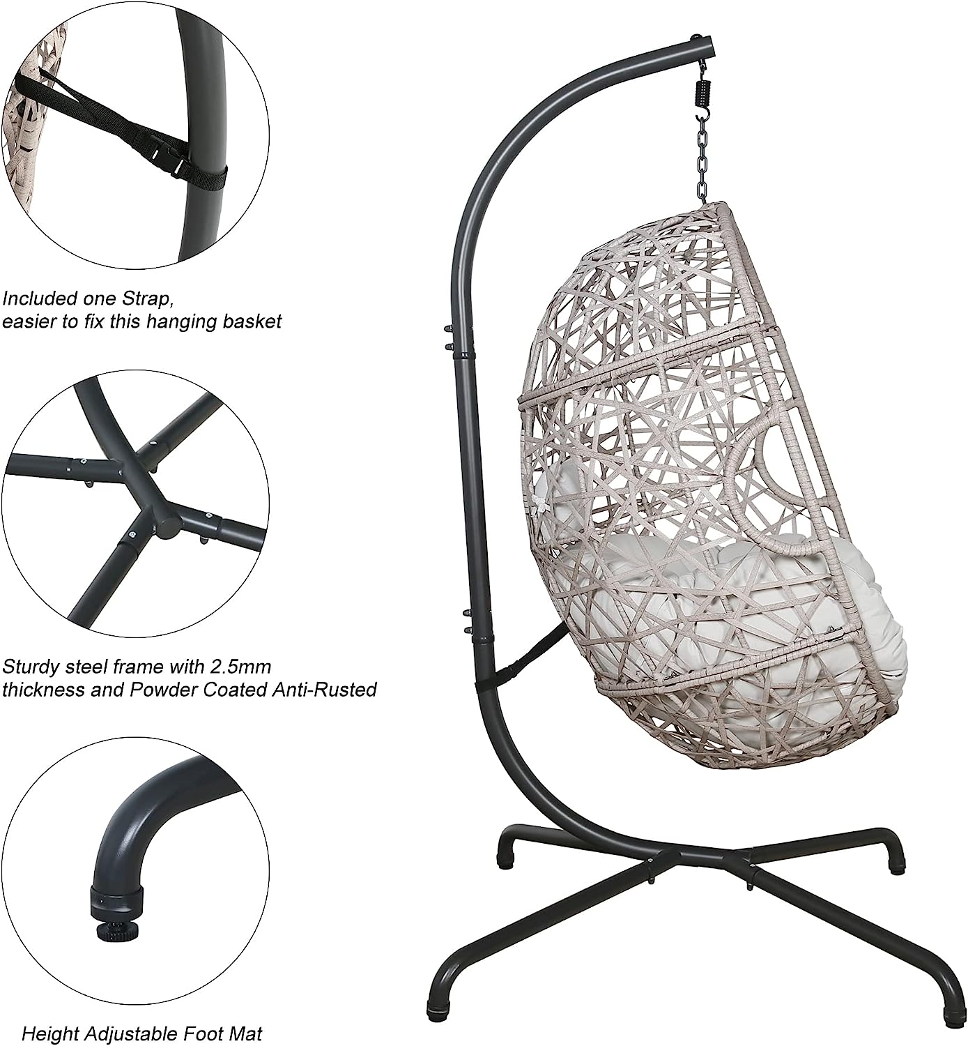 Iwicker Outdoor Rattan Egg Hanging Swing Chair with Cushions and Stand (Beige)