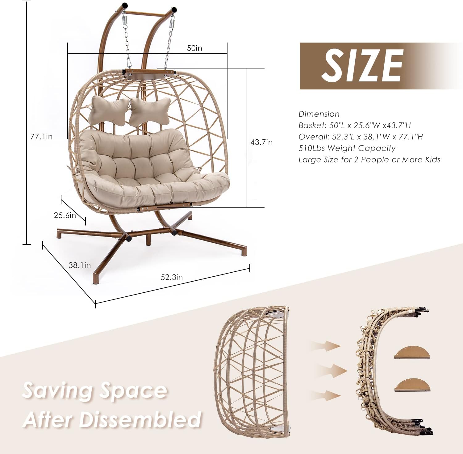 Swing Egg Chair with Stand Indoor Outdoor Wicker Rattan Patio Basket Hanging Chair with UV Resistant Cushions 350lbs Capaticy for Bedroom Balcony Patio (Cream)