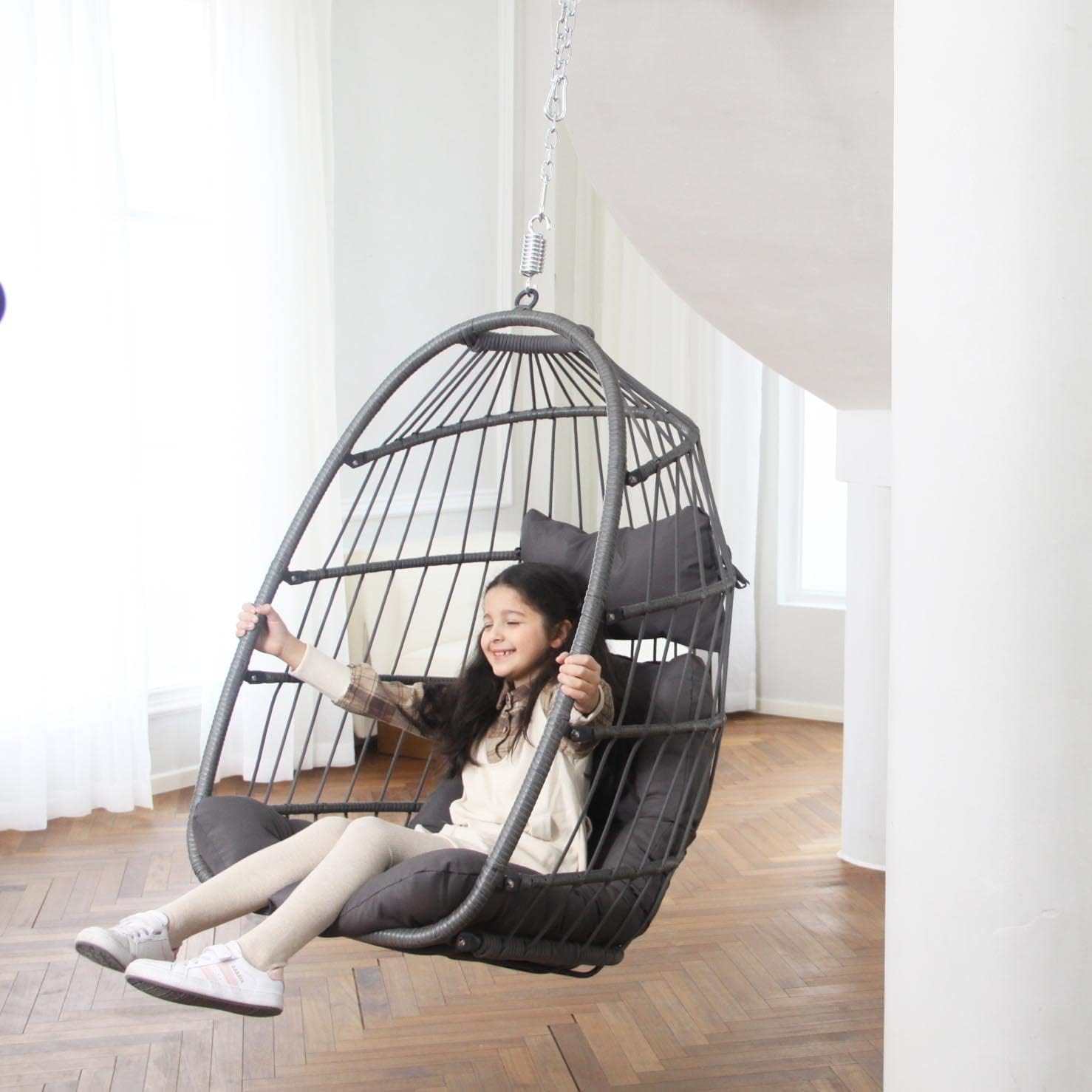 Indoor Outdoor Patio Wicker Hanging Chair Swing Egg Basket Chairs with Stand UV Resistant Cushions 350lbs Capaticy for Patio Backyard Balcony Xmas Gift