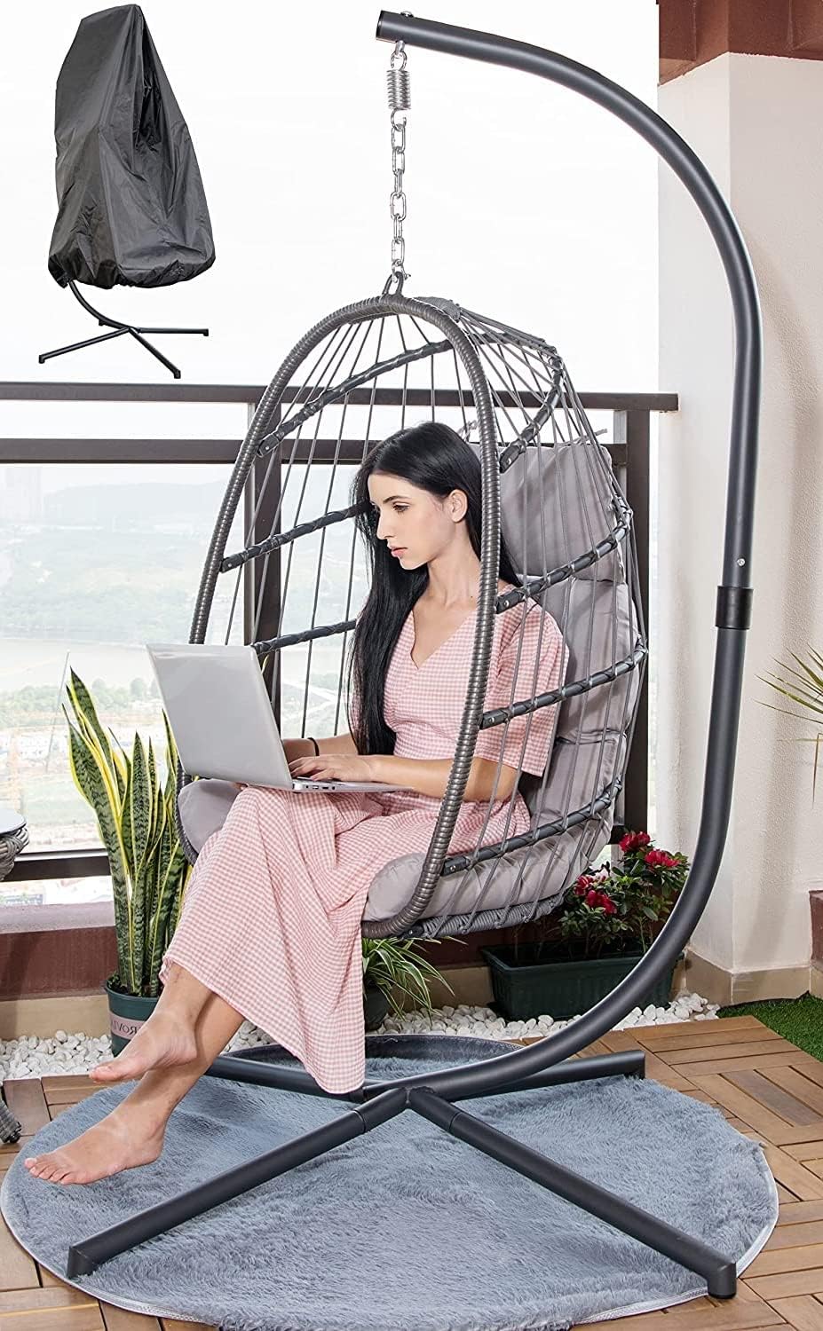 Mojia Patio Wicker Hanging Egg Swing Chair with Stand, Hammock Egg Chairs Foldable UV Resistant Cushions 440lbs Capaticy (Gray)