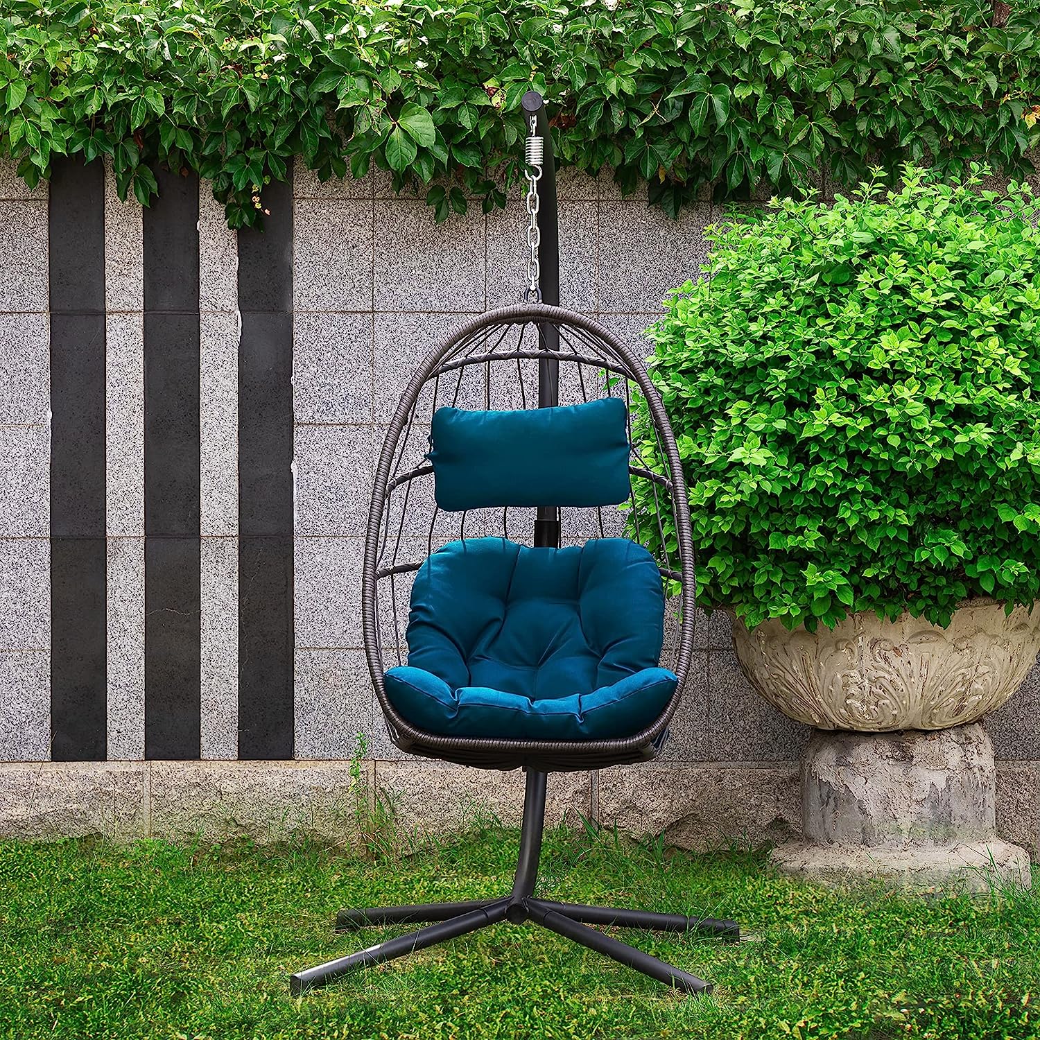Patio Hanging Egg Chair with Stand Swing Chair,Basket Swinging Chair,Porch Chaise Lounge Chair,Rattan Wicker Hammock Chair with Deep Cushion for Indoor Outdoor Home Bedroom Backyard Balcony (Gray)