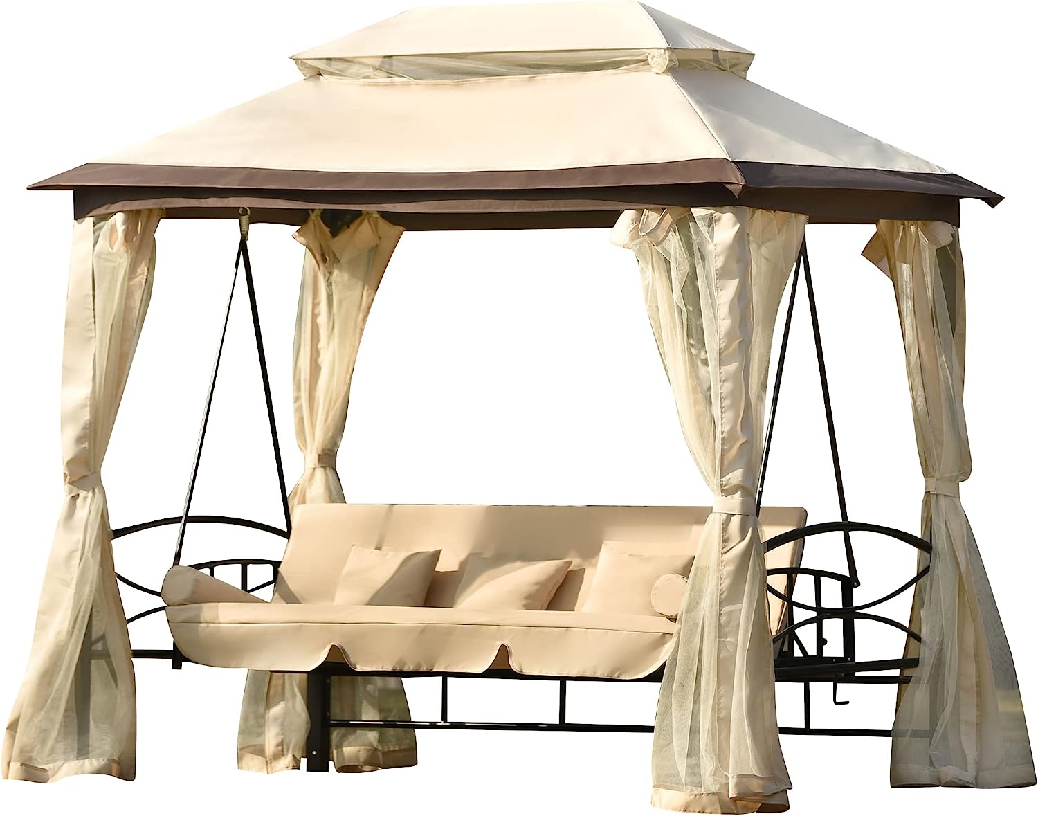 Campfun Outdoor Gazebo Swing, 3-Seat Patio Swing Chair, Outdoor Swing Bed, Outdoor Swing with Canopy, Netting Curtains, Side Trays, Canopy Swing for Garden, Poolside Backyard - 8.9x5.9 Ft, Beige
