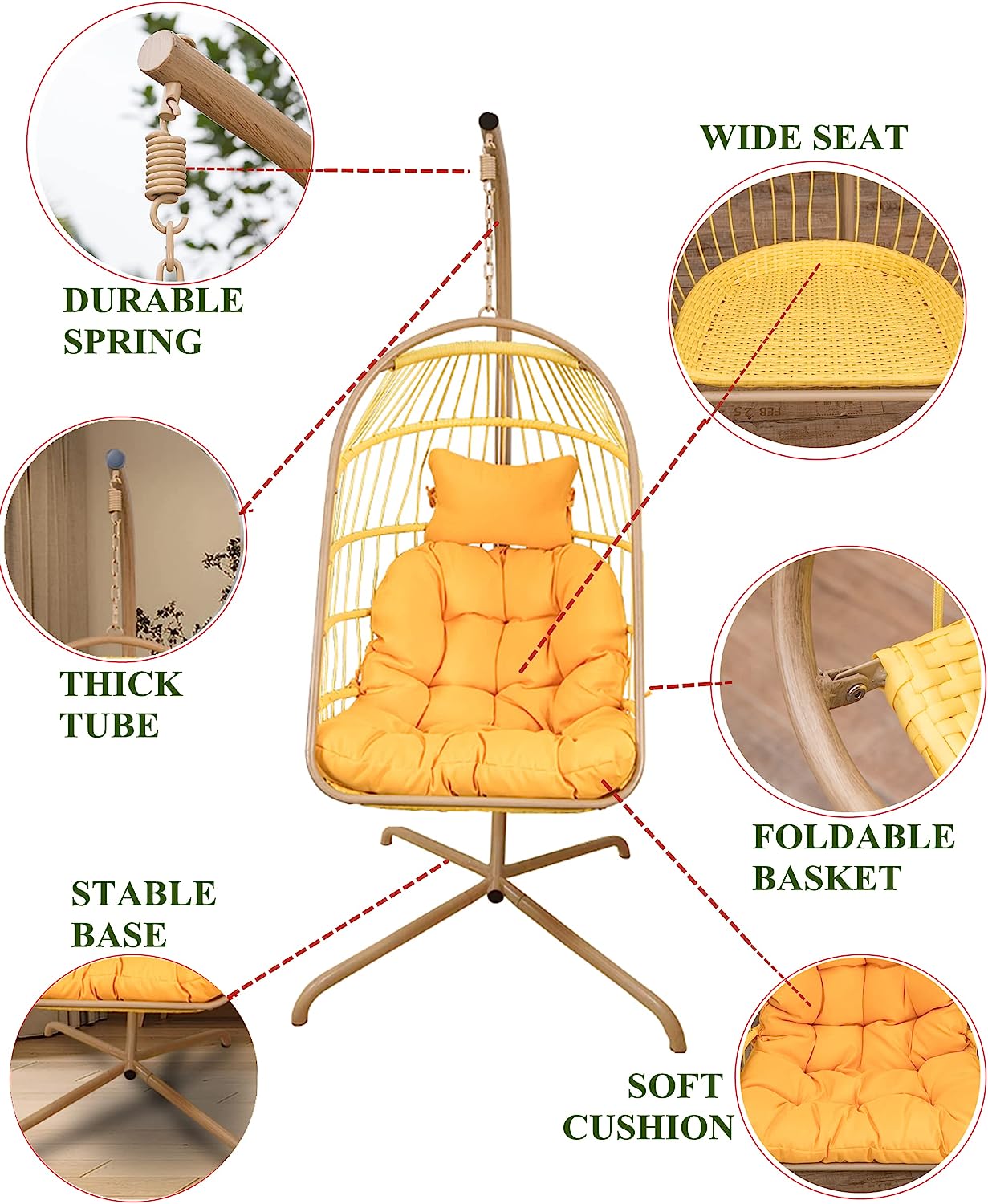 MOJIA Egg Chair with Stand and Oxford Cover, Patio Wicker Hanging Swing Chair with UV Resistant Cushion and Foldable Seat Basket
