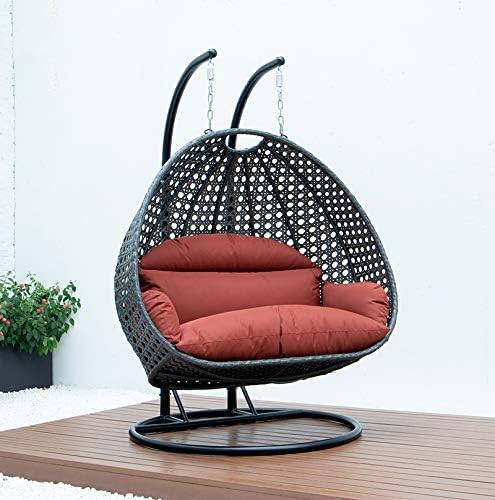 LeisureMod 2 Person Hanging Double Swing Chair, X-Large Wicker Rattan Egg Chair with Stand and Cushion for Indoor Outdoor Patio Garden (Light Green)