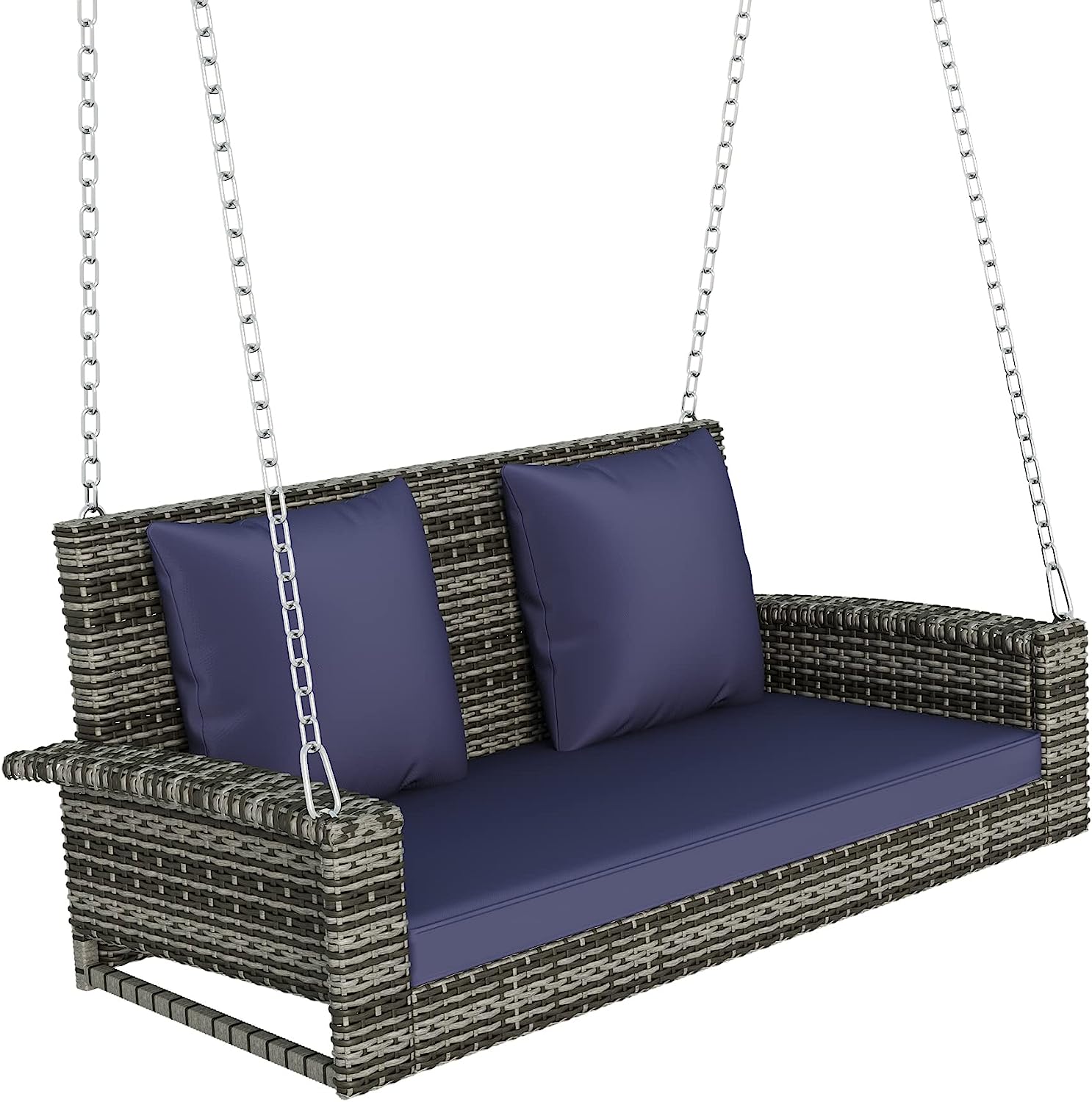 Patio 51.9” 2-Person Swing Chair,Outdoor Rattan Woven Hanging Seat with Adjustable Rope and Cushion,for Porch Lawn Garden Backyard Balconies (Black&b)