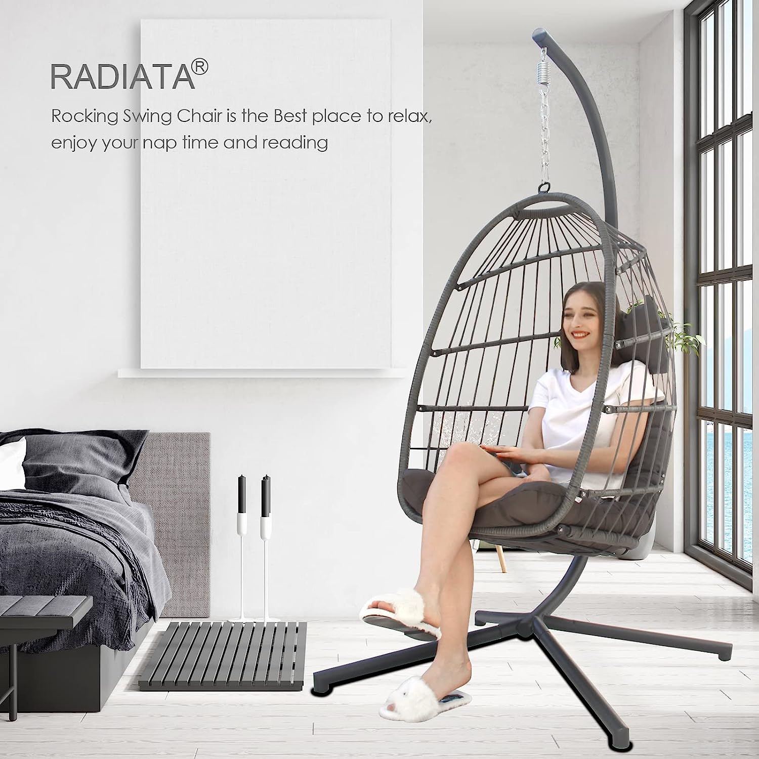 RADIATA Double Egg Chair with Stand Luxury Outdoor Patio Wicker Loveseat Hanging Swing Egg Chairs with Resistant Cushions Metal Frame 500 lbs Capaticy for 2 Persons Patio Backyard Balcony