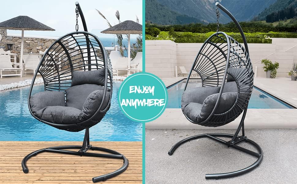 JOYBASE Hanging Egg Chair with Stand, Outdoor Wicker Rattan Egg Swing Chair with Stand and Cushion for Indoor Outdoor Bedroom Patio Garden (Grey/Black)