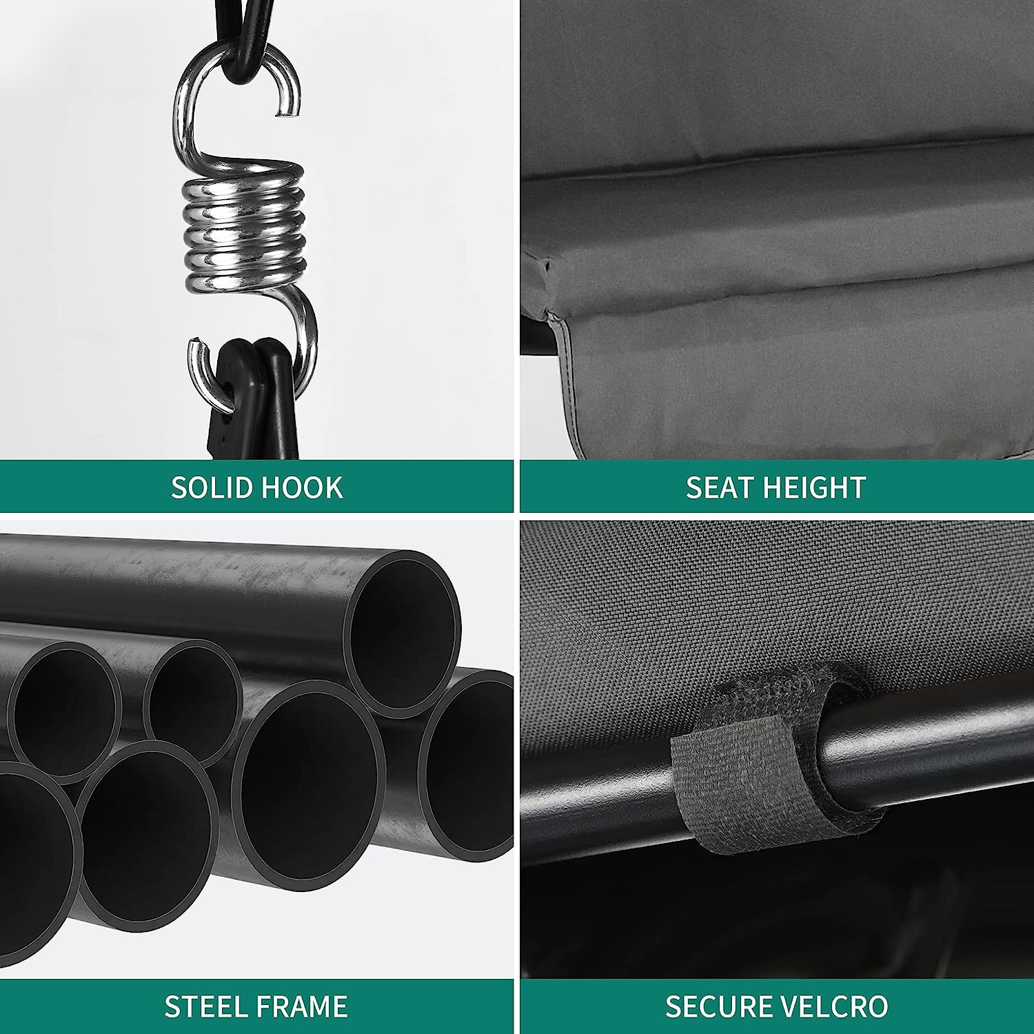 YITAHOME 3-Seat Porch Swing Outdoor Heavy Duty Patio Swing Chair with Stand Adjustable Canopy Soft Cushion for Garden, Patio, Lawn, Balcony and Deck, Black