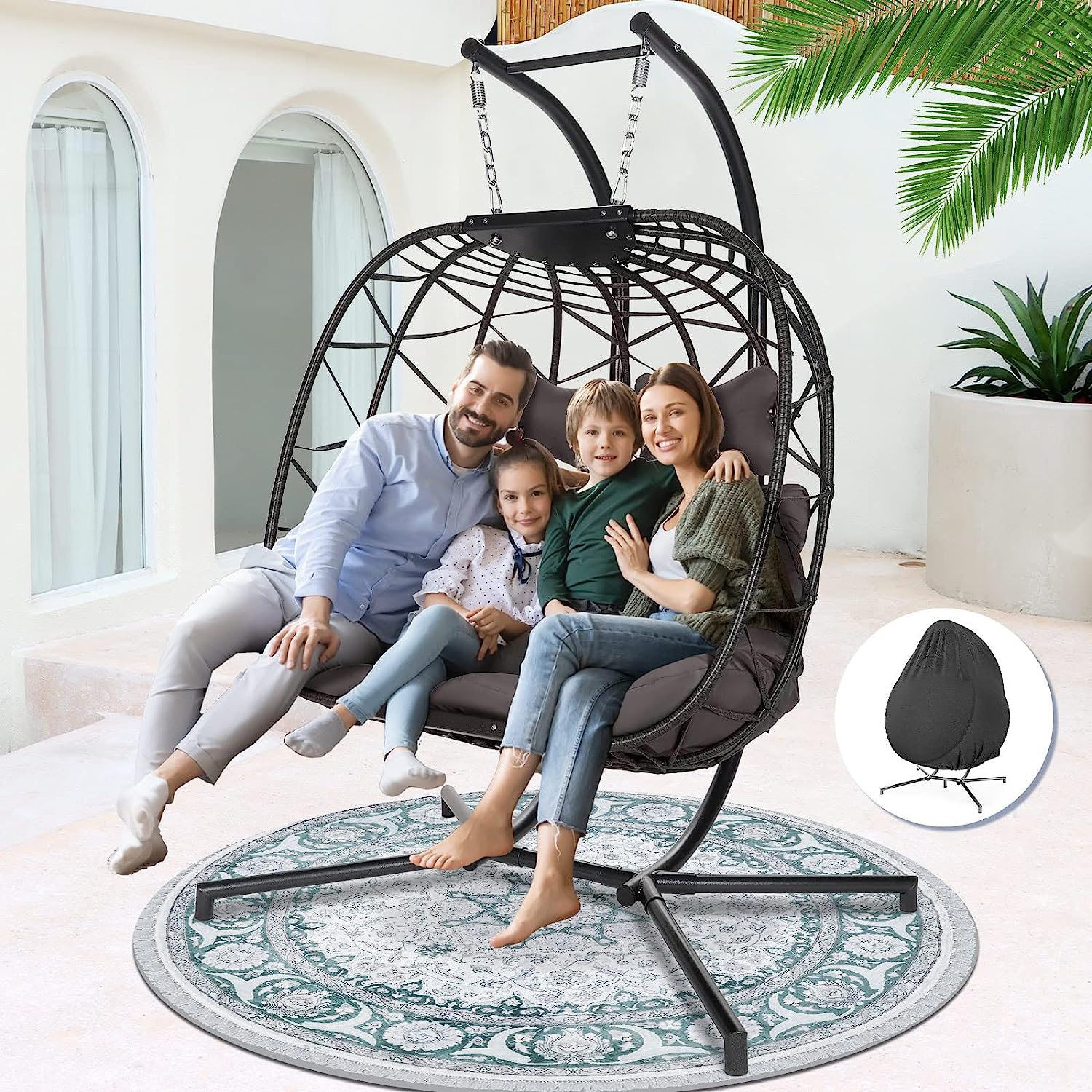 Swing Egg Chair with Stand Indoor Outdoor Wicker Rattan Patio Basket Hanging Chair with UV Resistant Cushions 350lbs Capaticy for Bedroom Balcony Patio (Cream)
