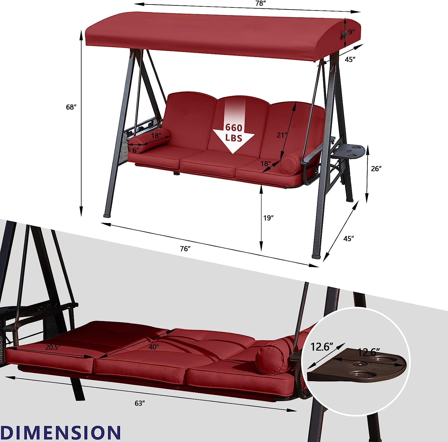 NOBLEMOOD Outdoor Porch Swing with Stand and Canopy, 3 Seat Freestanding Metal Porch Swing Bed with Cushions and Cup Trays for Backyard Outside Deck Lawn (Wine Red)