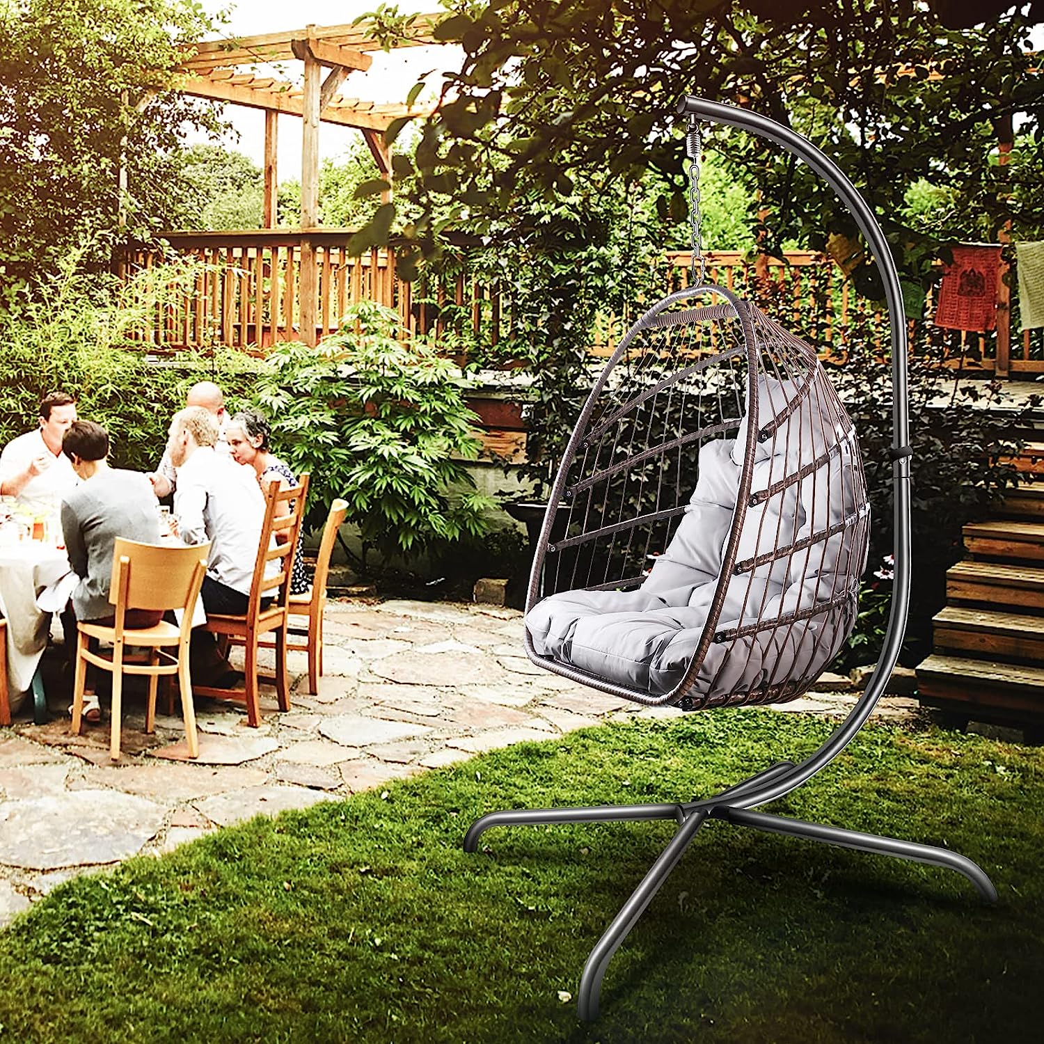 Olela Wicker Egg Swing Chair with Stand Indoor Outdoor,Hanging Egg Chair with Cushion and Pillow,Basket Chair for Bedroom,Living Room or Patio Garden (Natural-Round Base)