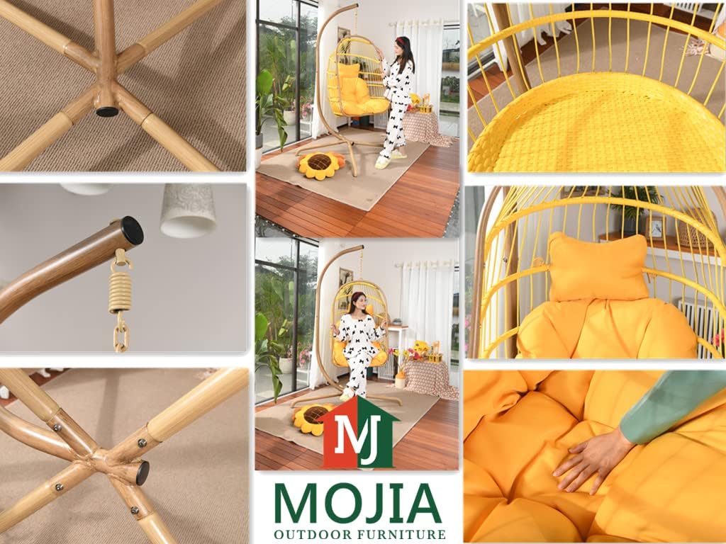 MOJIA Egg Chair with Stand and Oxford Cover, Patio Wicker Hanging Swing Chair with UV Resistant Cushion and Foldable Seat Basket