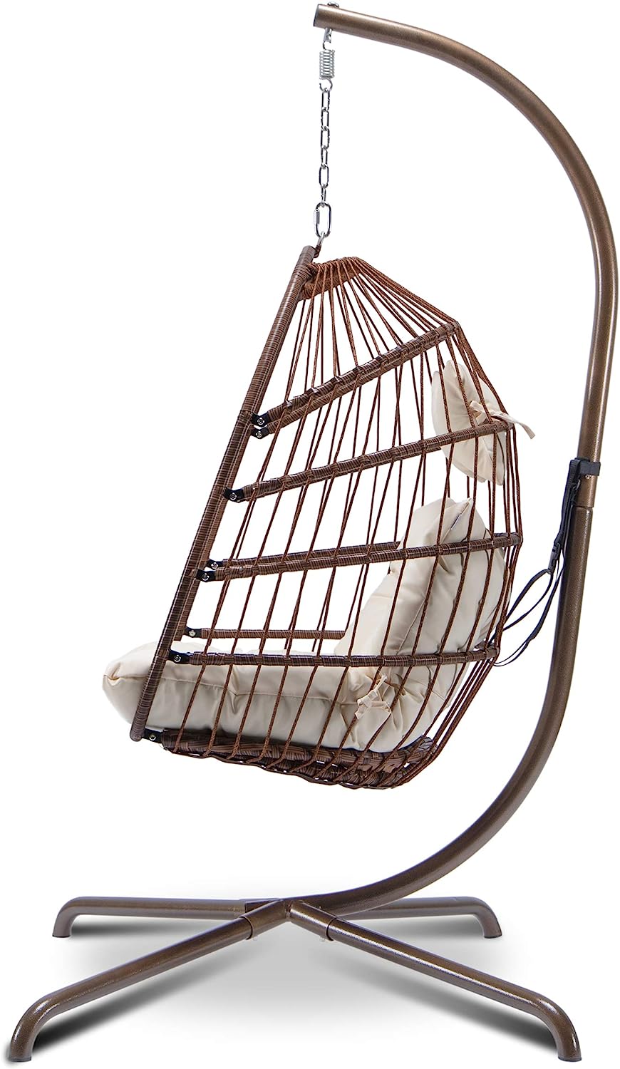 in Door Outdoor Patio Wicker Hanging Chair Swing Chair Patio Egg Chair UV Resistant Beige Cushion Aluminum Frame (Brown)