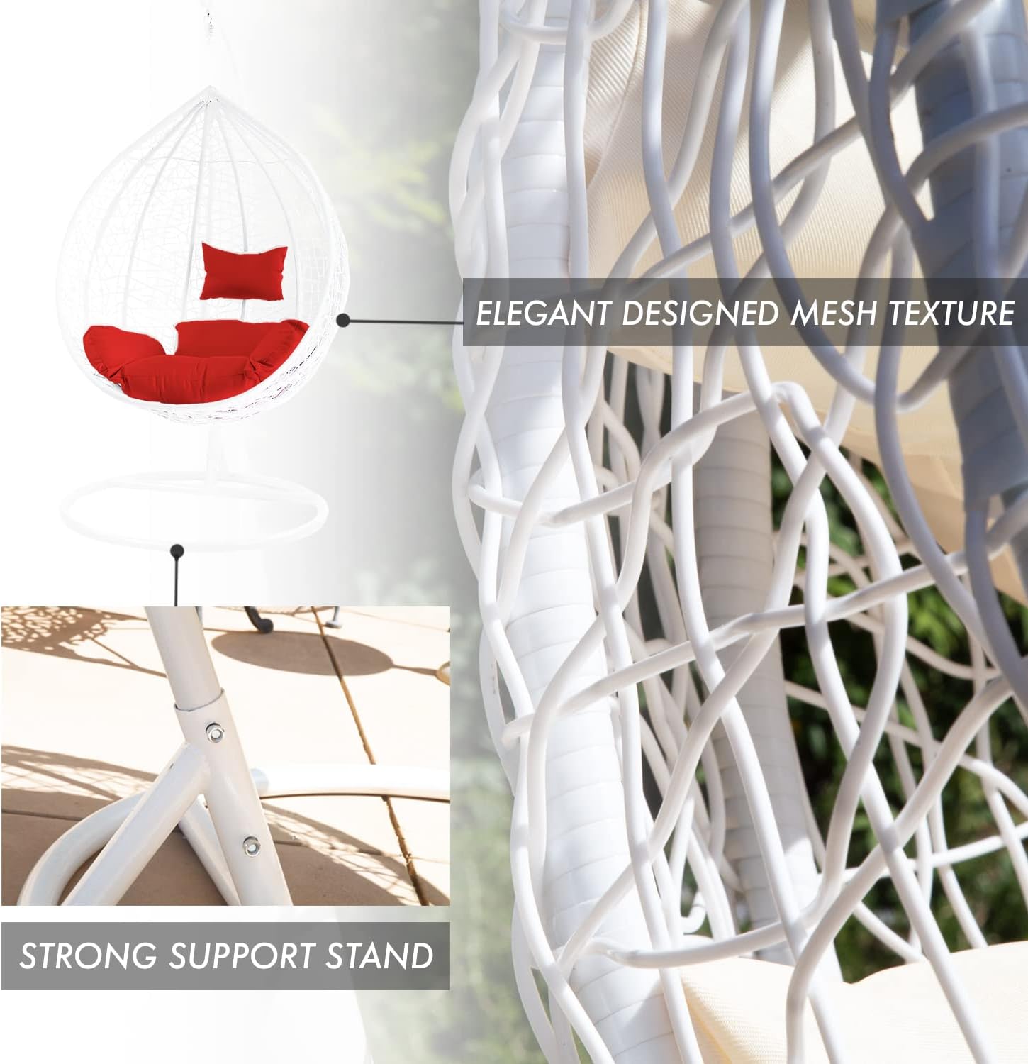 J.M.Deco Porch Swing Chair with Stand, Cushion & Pillow, Goldden Egg Rattan Wicker Swing Hanging Chair, Hammock Chair for Indoor, Outdoor, Garden, Backyard & Patio