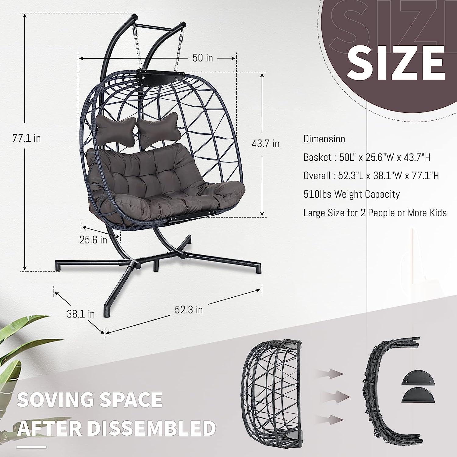 Swing Egg Chair Without Stand Indoor Outdoor Wicker Rattan Patio Basket Hanging Chair with UV Resistant Cushions 265lbs Capaticy for Bedroom Balcony Patio (Without Stand)