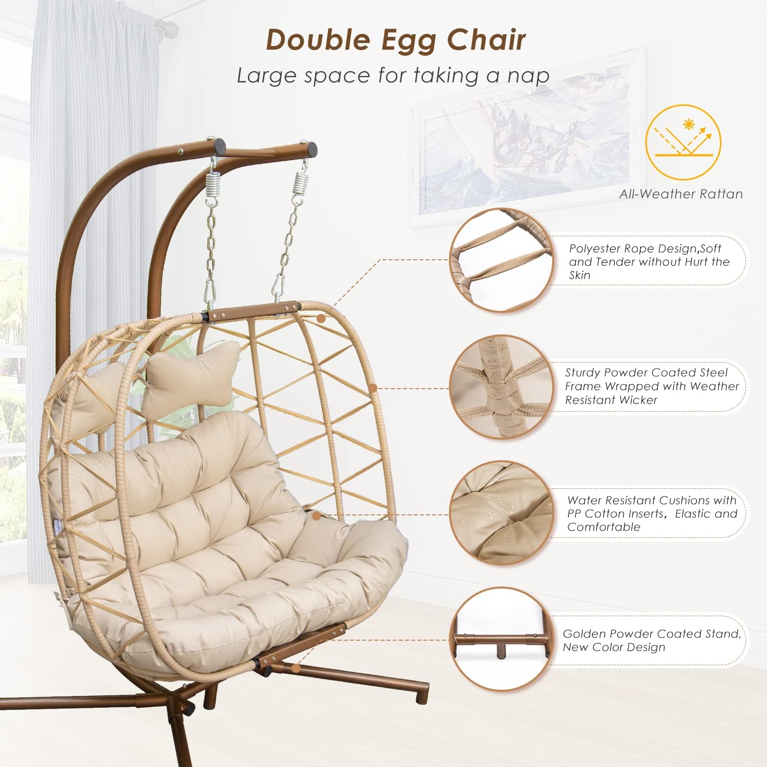 Swing Egg Chair with Stand Indoor Outdoor Wicker Rattan Patio Basket Hanging Chair with UV Resistant Cushions 350lbs Capaticy for Bedroom Balcony Patio (Cream)