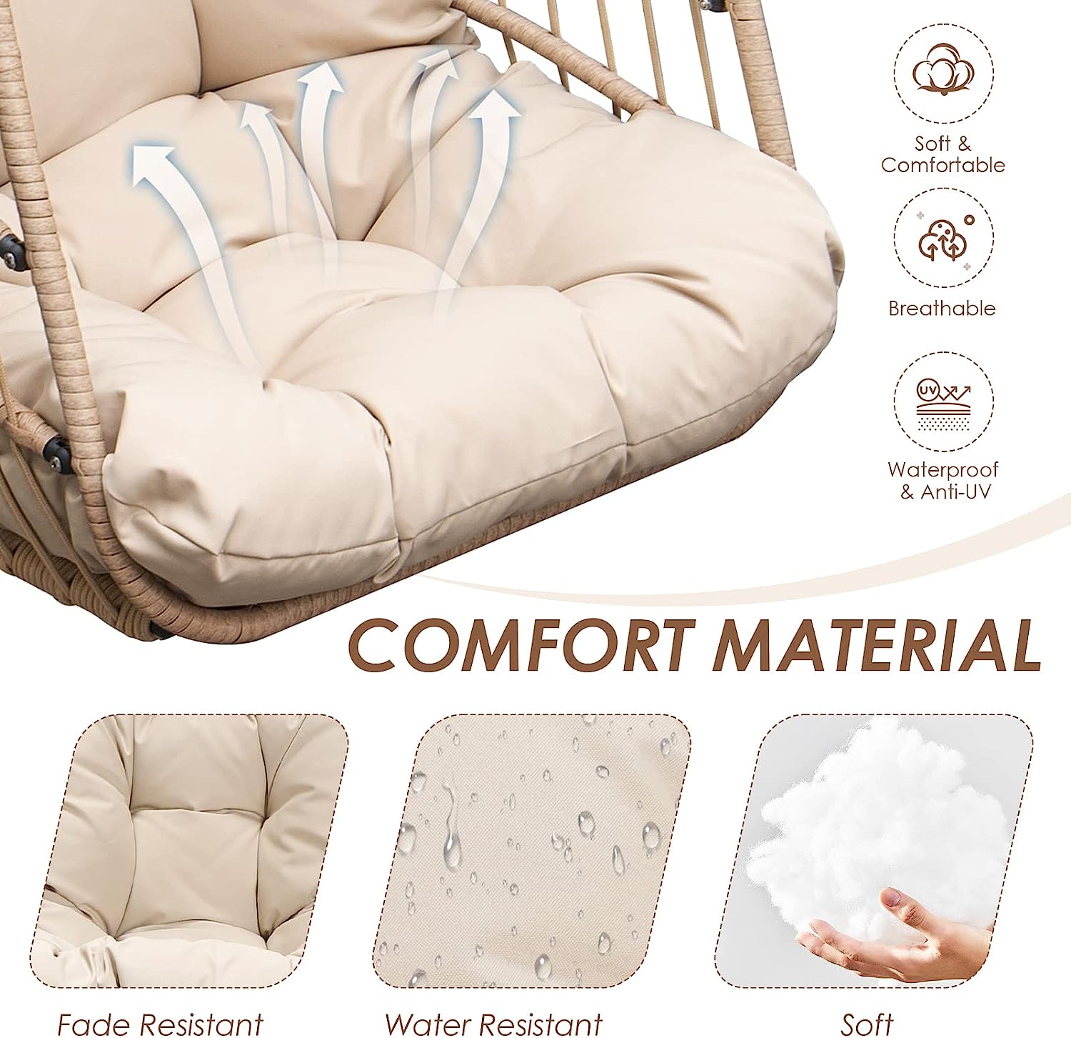 RADIATA Double Egg Chair with Stand Luxury Outdoor Patio Wicker Loveseat Hanging Swing Egg Chairs with Resistant Cushions Metal Frame 500 lbs Capaticy for 2 Persons Patio Backyard Balcony