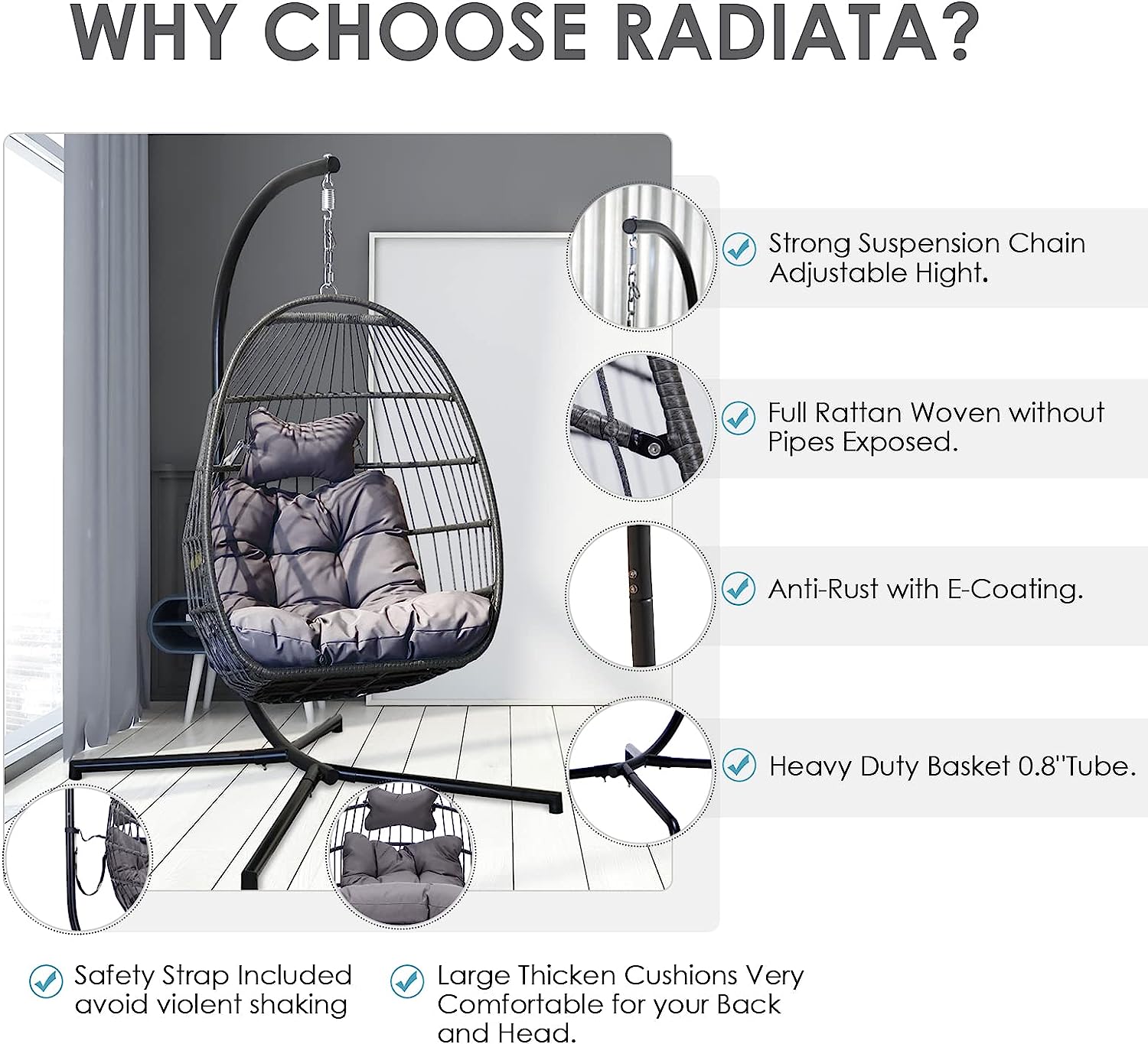 RADIATA Double Egg Chair with Stand Luxury Outdoor Patio Wicker Loveseat Hanging Swing Egg Chairs with Resistant Cushions Metal Frame 500 lbs Capaticy for 2 Persons Patio Backyard Balcony