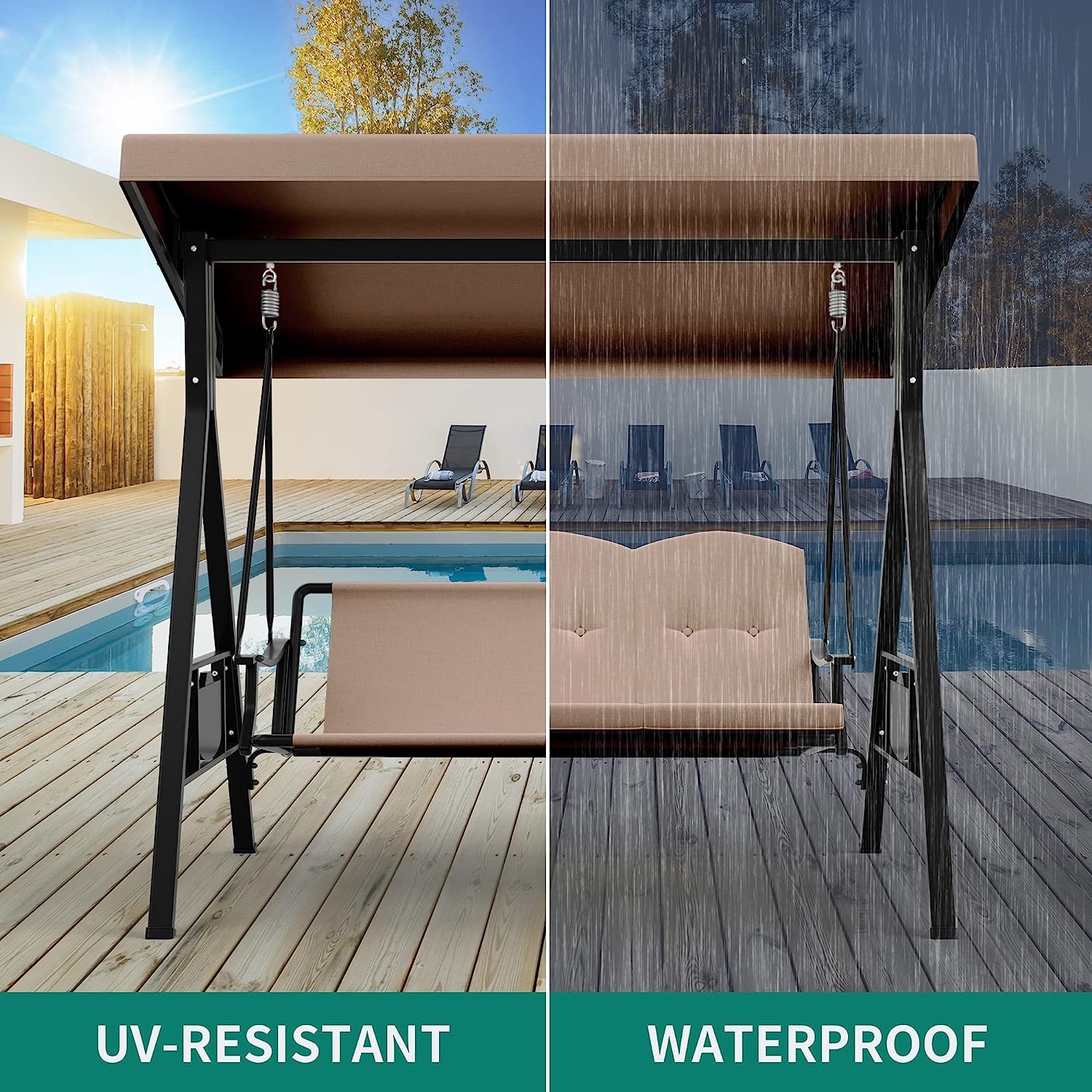 YITAHOME 3-Seat Deluxe Porch Swing Outdoor Heavy Duty Patio Swing Chair with Adjustable Canopy Removable Cushions Weather Resistant Steel Frame Suitable for Garden, Lawn, Backyard, Balcony, Navy Blue