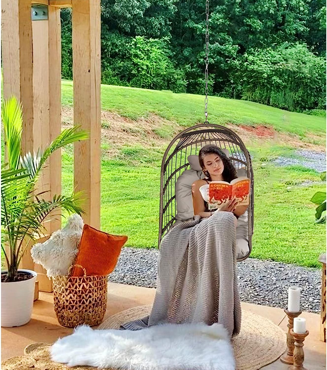 Chihee Egg Chair Foldable Wicker Rattan Hanging Chair Swing Chair Indoor Outdoor Patio Wicker Chair Hammock Chair with Stainless Steel Hanging Kit Chain Link UV Resistant Cushion Bedroom Balcony